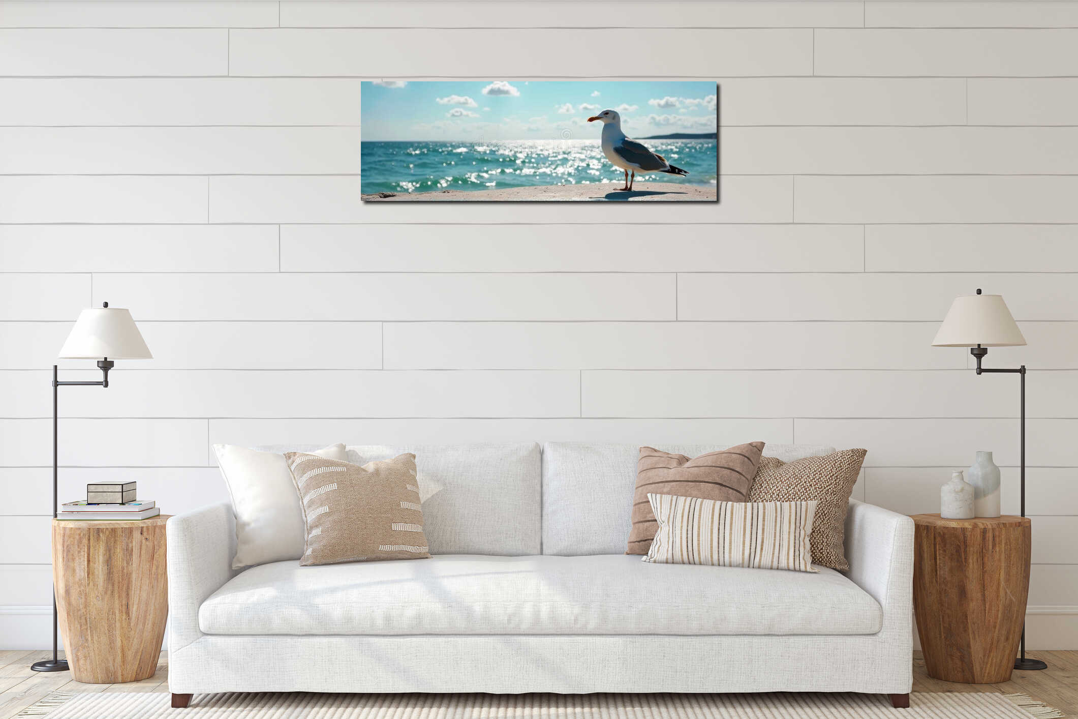 Seagull posing on sunny beach with sparkling ocean waves in background interior mockup