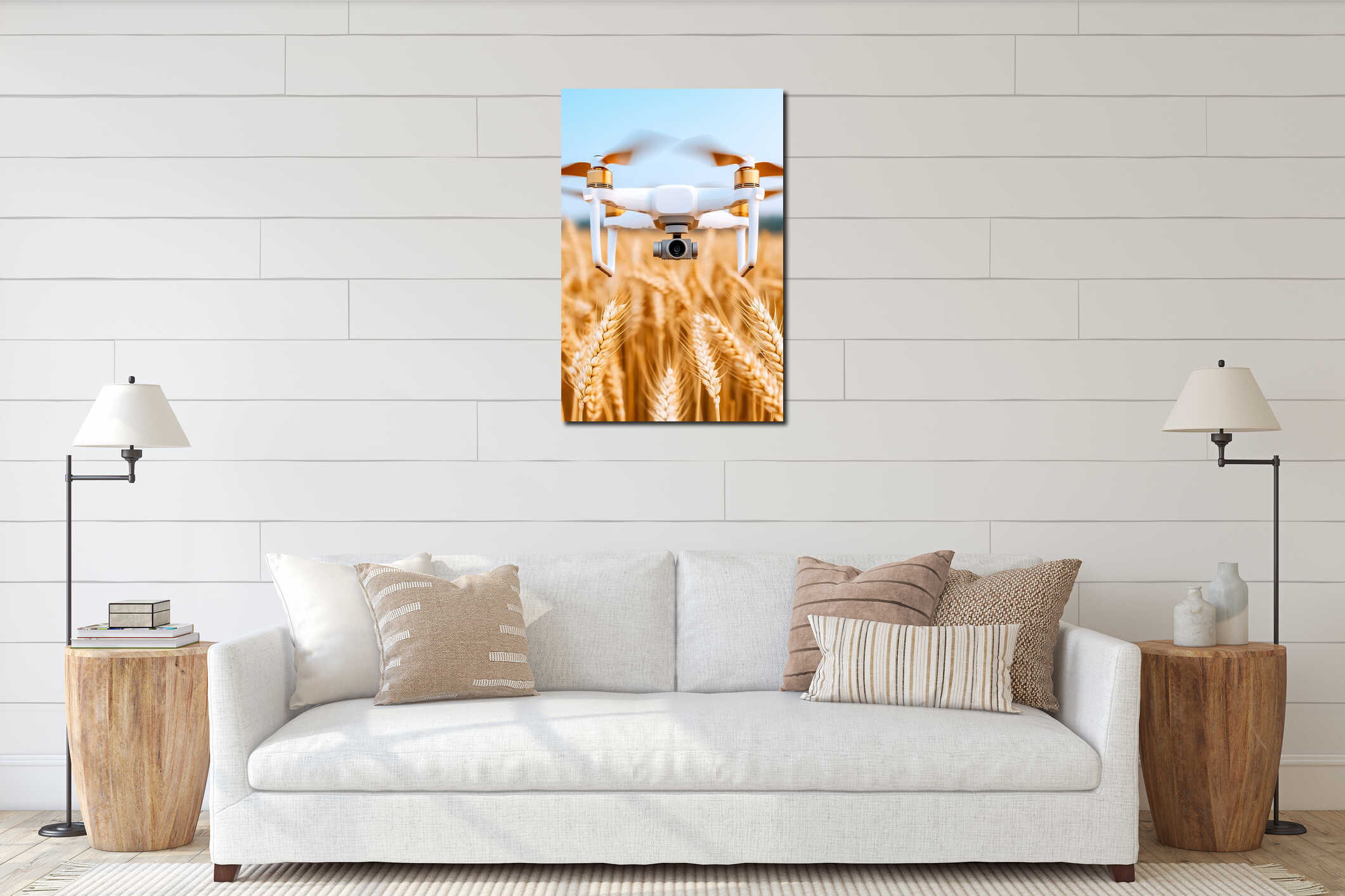 Hovering effortlessly above a field of wheat, a drone captures the beauty of golden stalks swaying in the breeze interior mockup