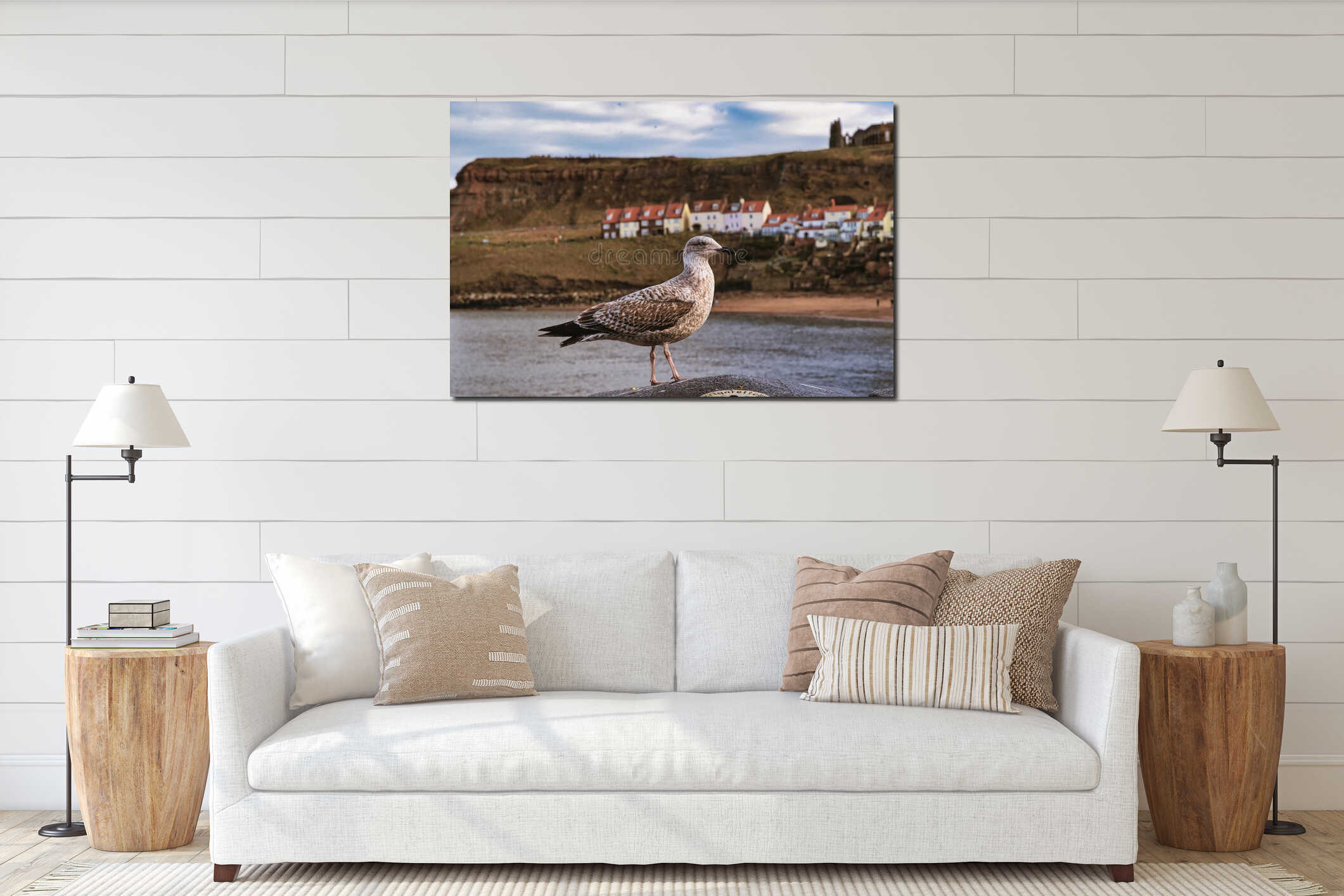 Seagull on Stone with Village and Abbey Ruins in Whitby, UK interior mockup