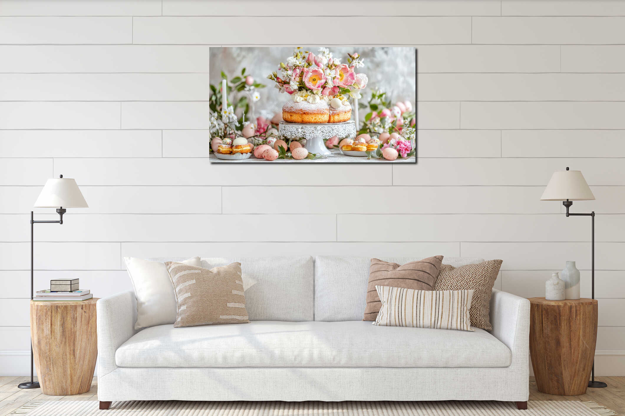 Elegant easter table arrangement with muted colors featuring floral cake display. concept of spring celebration, festive interior mockup