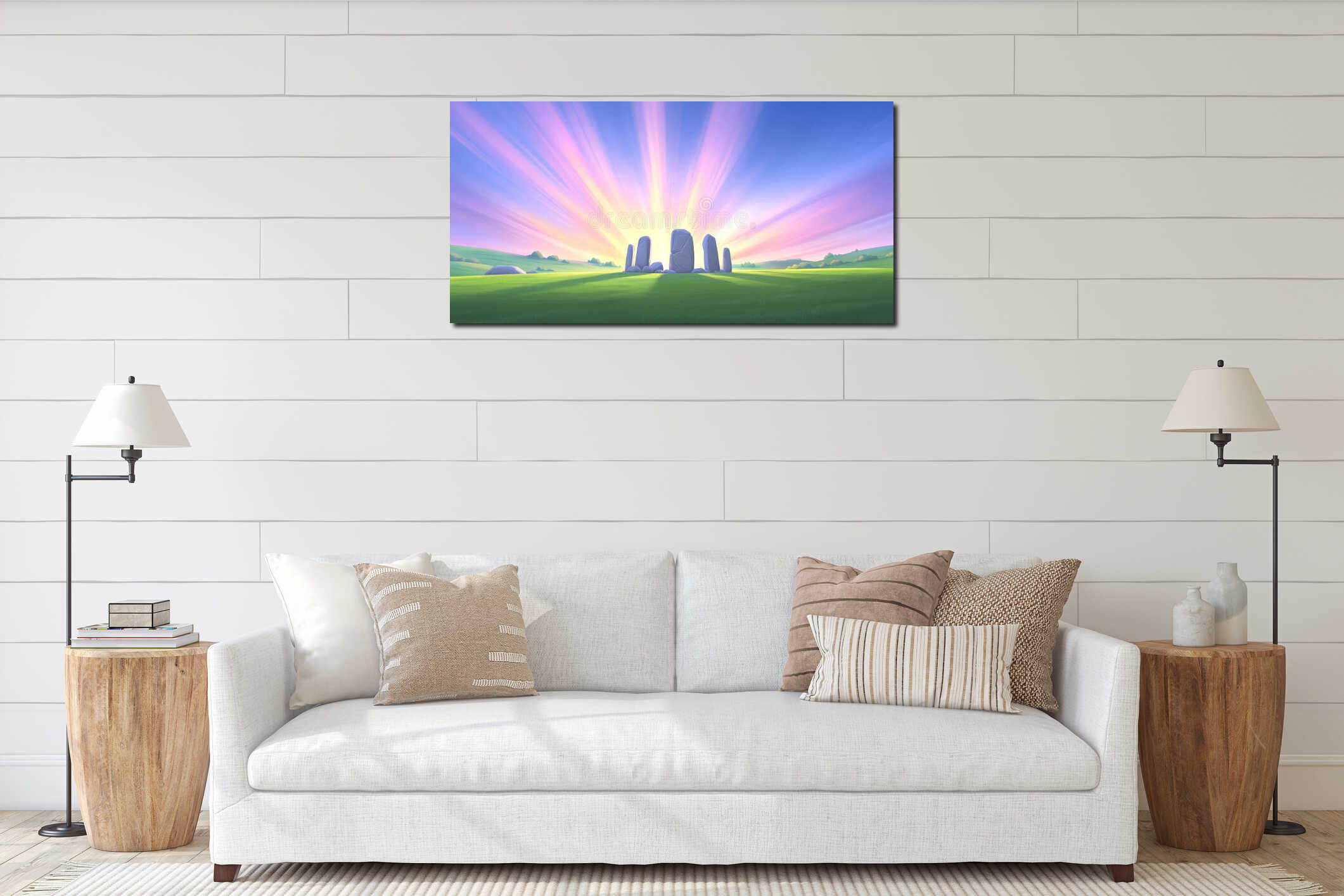 A circle of tall stone monoliths stands against a radiant sunrise, casting long shadows on a lush green field, evoking interior mockup