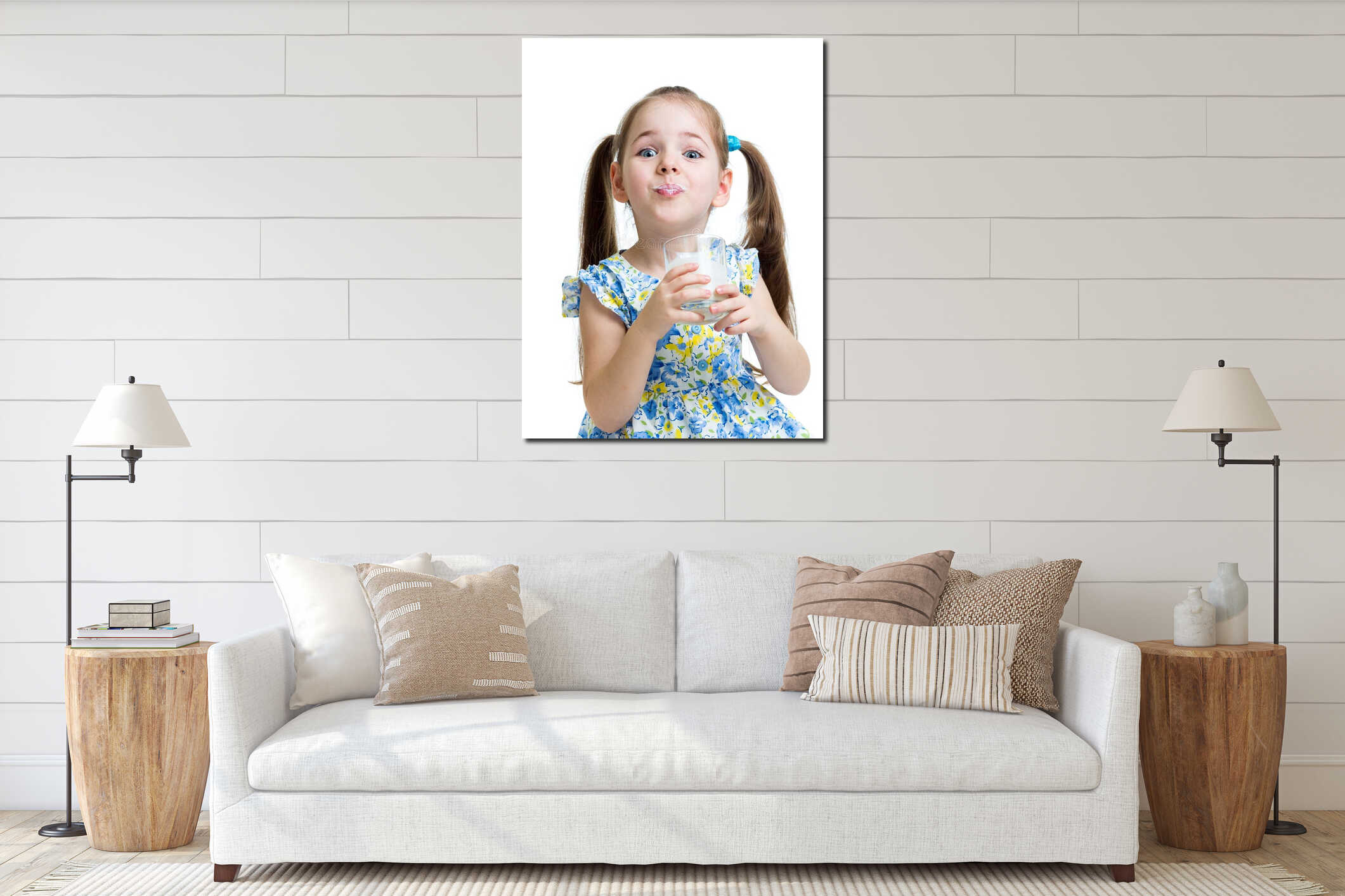 Funny child girl drinking yogurt or kefir interior mockup