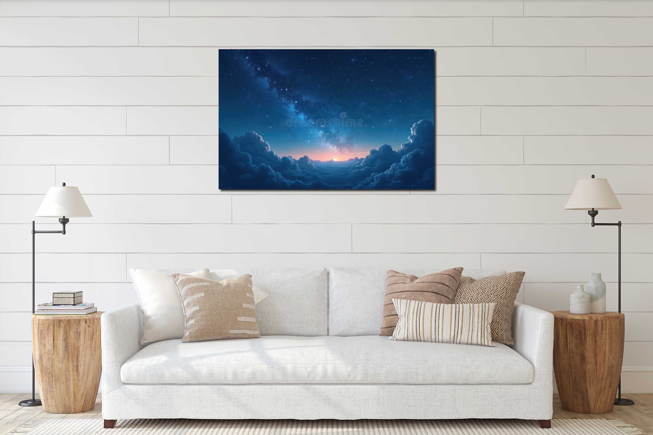 Illustration of night sky, stars, milky way, clouds. Starry night sky with soft pastel color sunrise, cloudscape. Blue sky with interior mockup