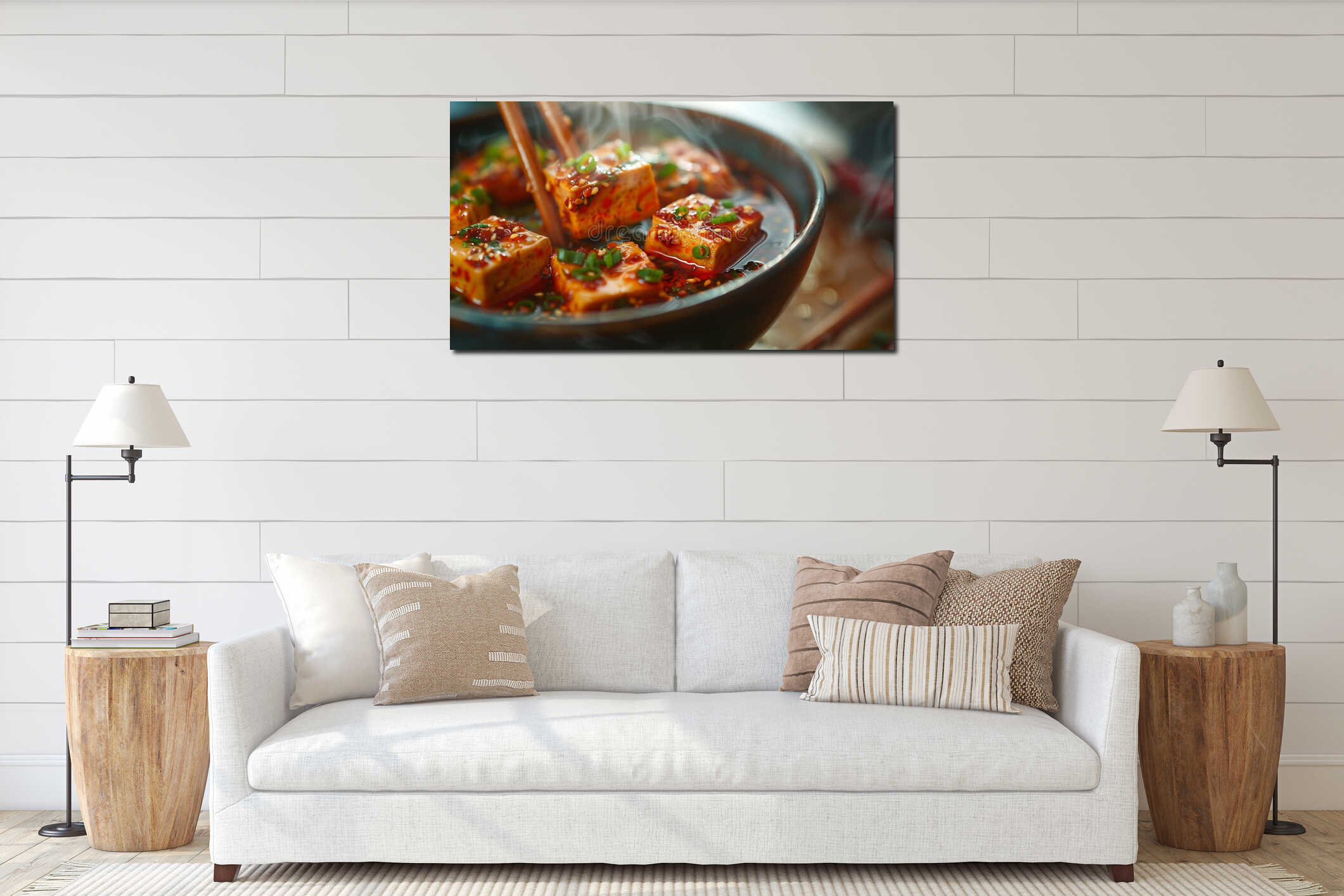 Szechuan spicy tofu with bold red sauce and delicate texture in a dynamic street food photography style interior mockup