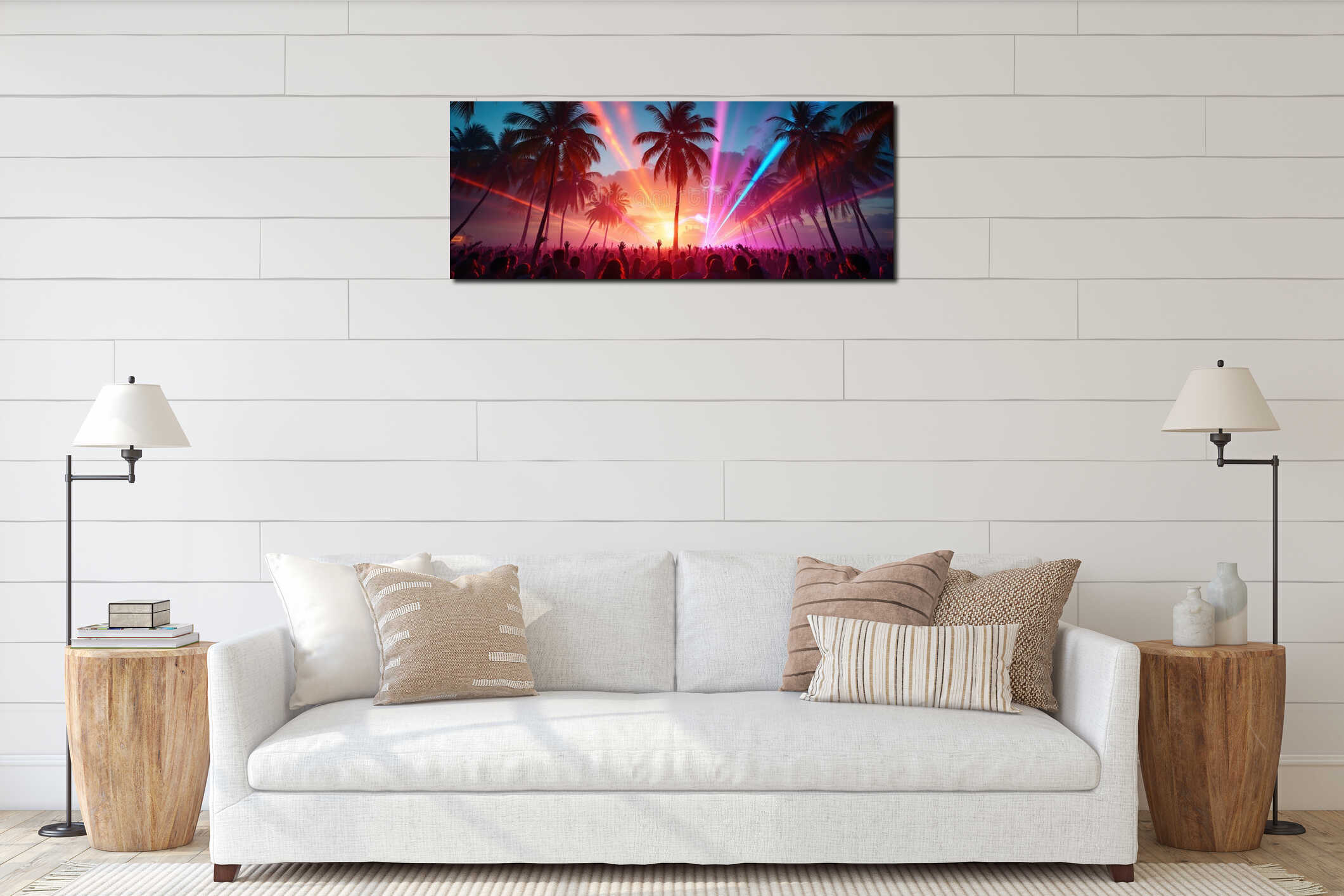 Tropical beach party with crowd of people. Laser beams shine at dusk on summer holiday vacation. Palms, people with raised hands, interior mockup