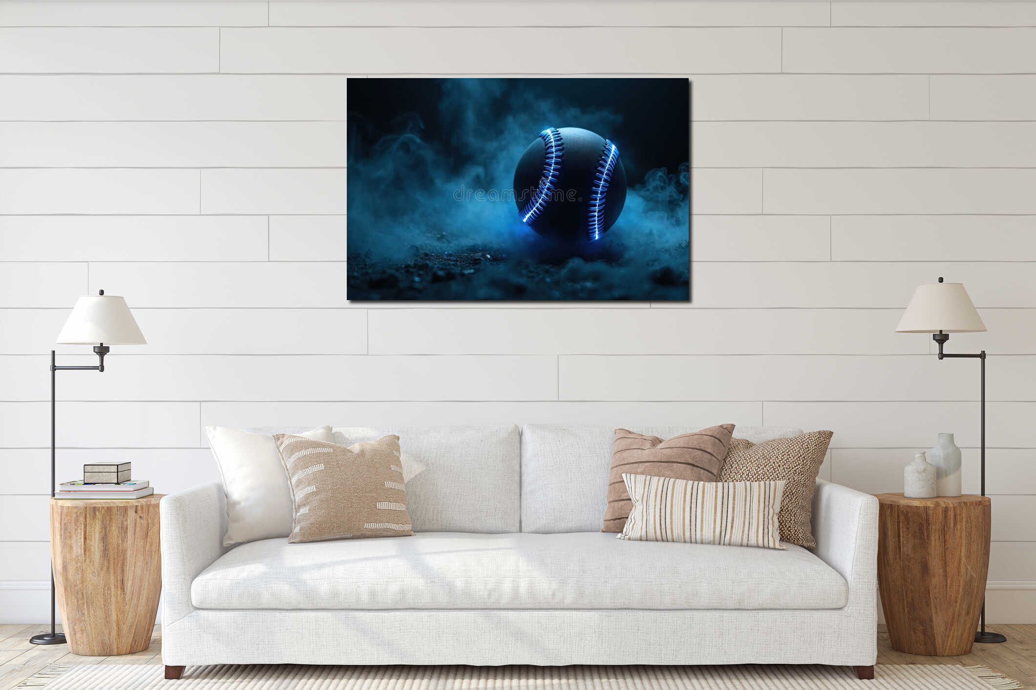 Dramatic close-up of black baseball ball with bright blue glowing neon lines, on a dark background. The smoke adds mystery. Sport interior mockup