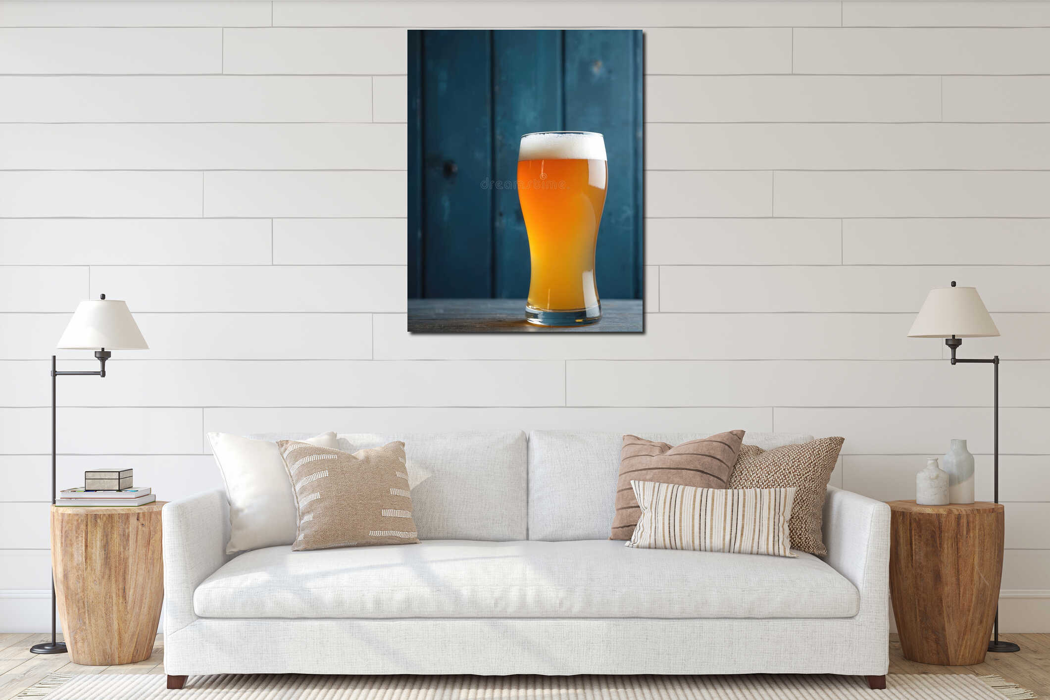 New England IPA beer in glass on dark blue wood background. Vertical closeup of juicy, orange, hop beverage. American craft draft interior mockup