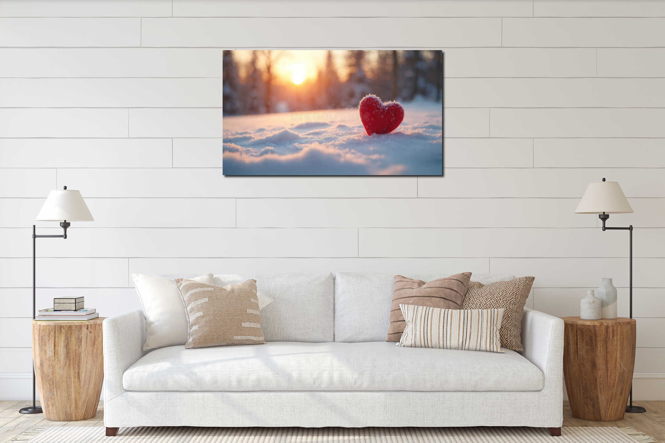 Festive heart on snow at blurred sunset scene. Symbol of romance and Valentine Day celebration. Cold winter background of love, interior mockup