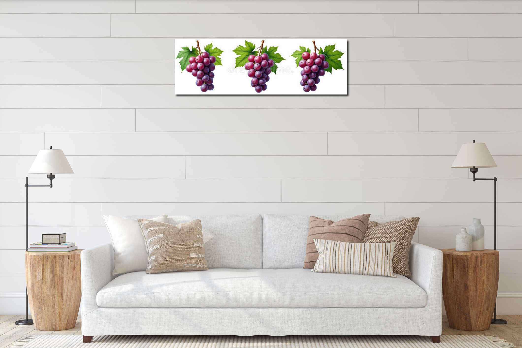 Illustration of bunch of fresh purple grapes with leaves on branch against white background. Healthy, ripe, juicy berries perfect interior mockup
