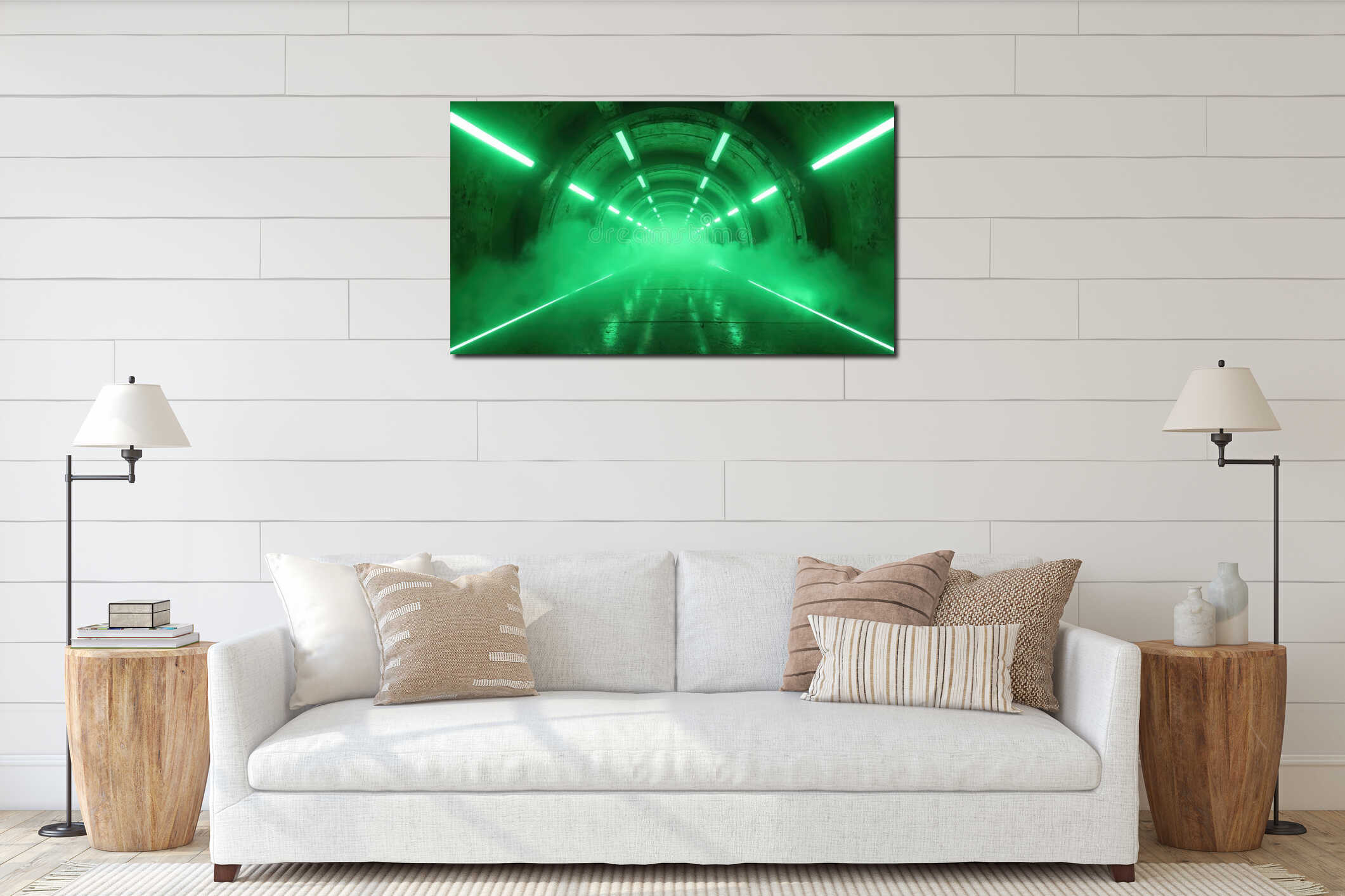 Futuristic stage in underground club with green neon lights. Foggy corridor with concrete arched tunnel and wet floor. Science interior mockup