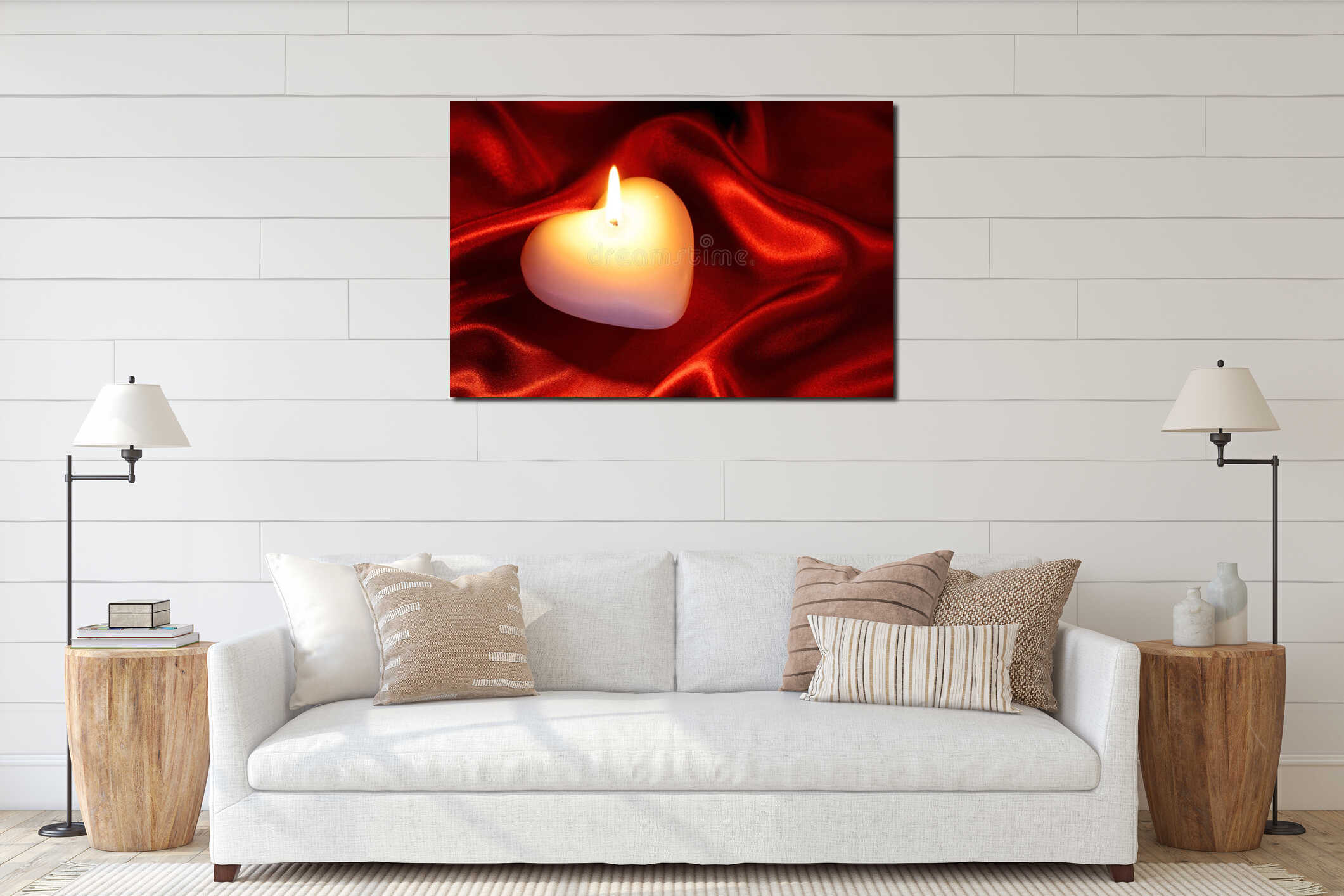 Heart shaped candle on red silk interior mockup