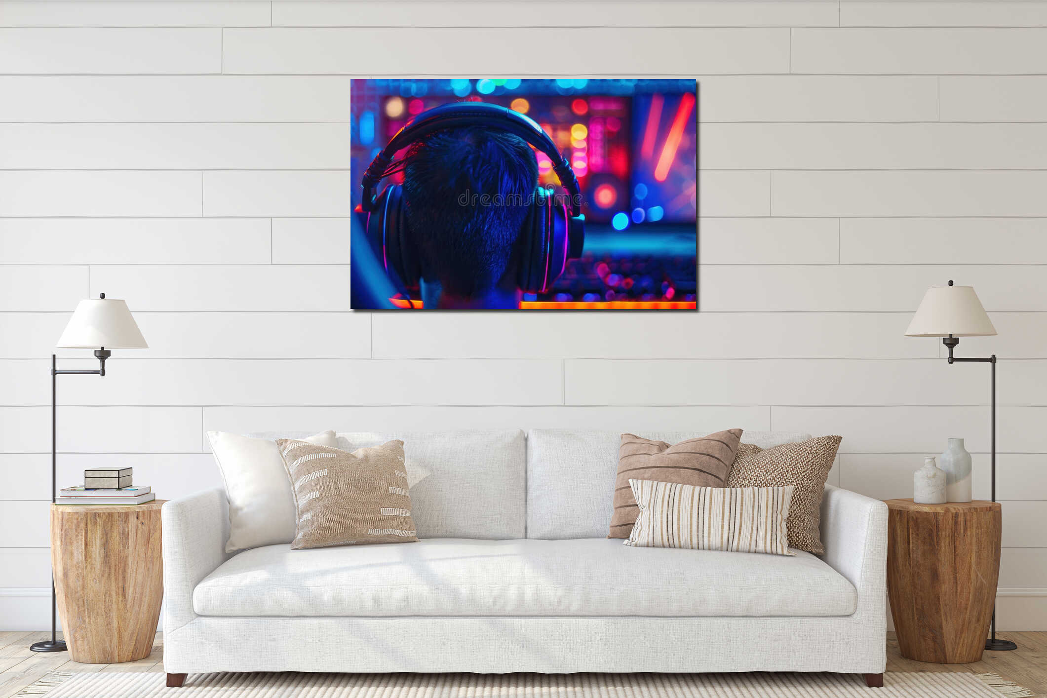 Dynamic close-up of a person wearing headphones in a vibrant gaming setup illuminated by LED lights for an engaging interior mockup