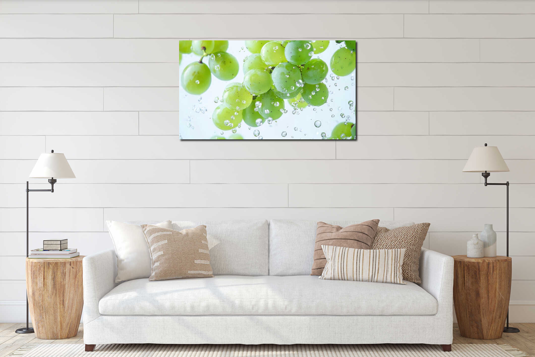 A close-up view of grapes submerged in clear water inside a glass. interior mockup