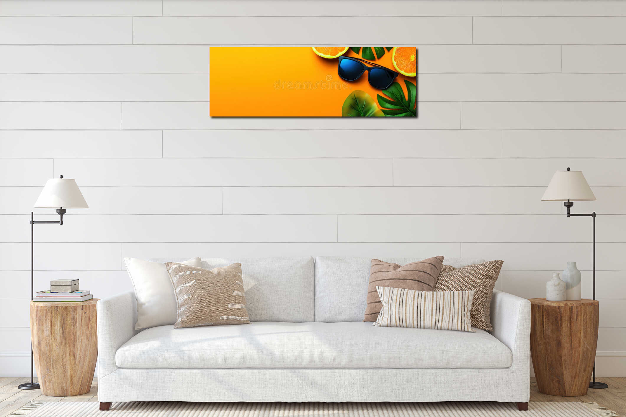 A pair of sunglasses rests beside a halved orange on a surface. interior mockup