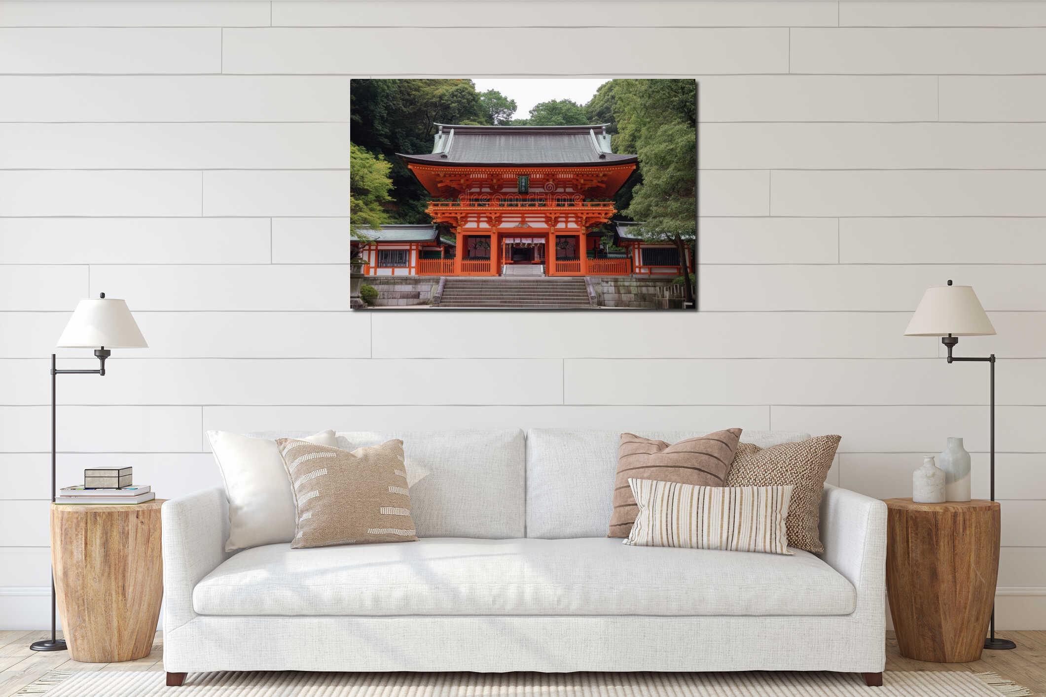 Large red building featuring a green roof and prominent steps at the entrance. interior mockup