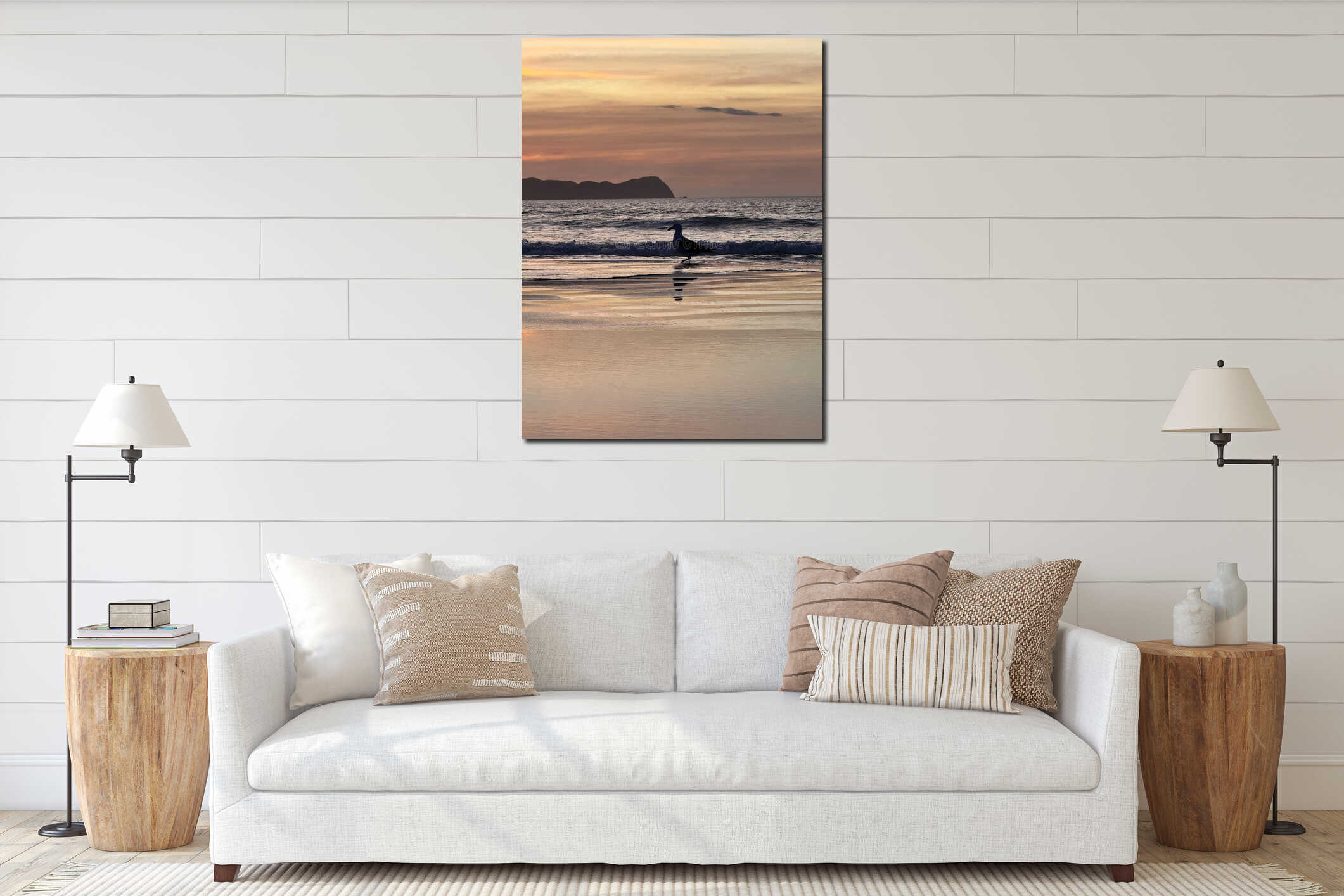 Seagull in sunset scene on the beach interior mockup