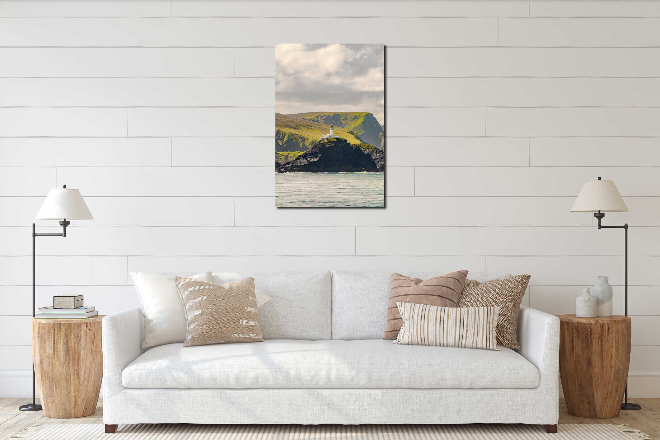 Muckle Flugga lighthouse Shetland, Scotland. Cover page with gorgeous sunset over fjords landscape and seascape interior mockup