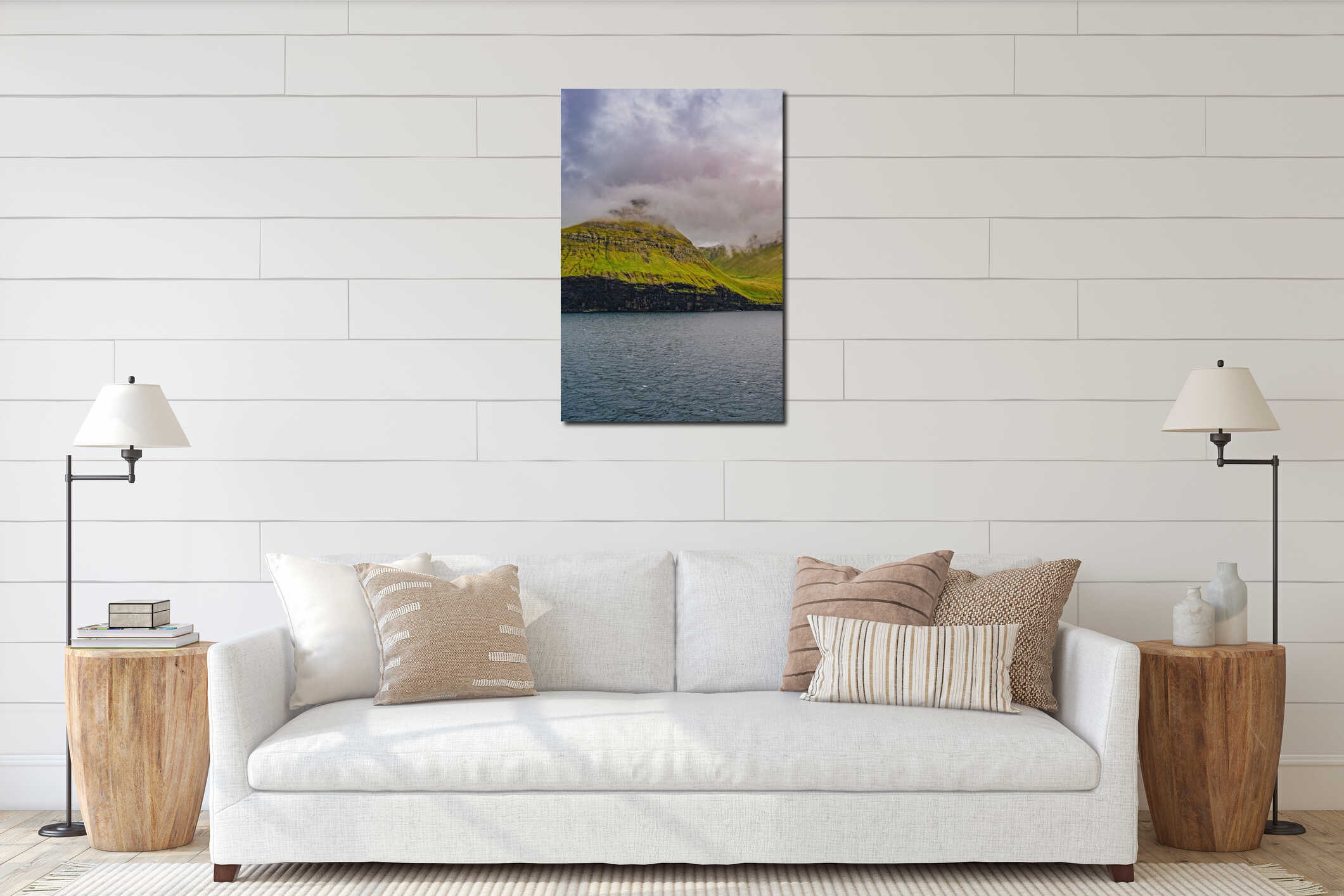 Faroe Islands, Eysturoy island. Cover page with gorgeous sunset over fjords landscape and seascape interior mockup