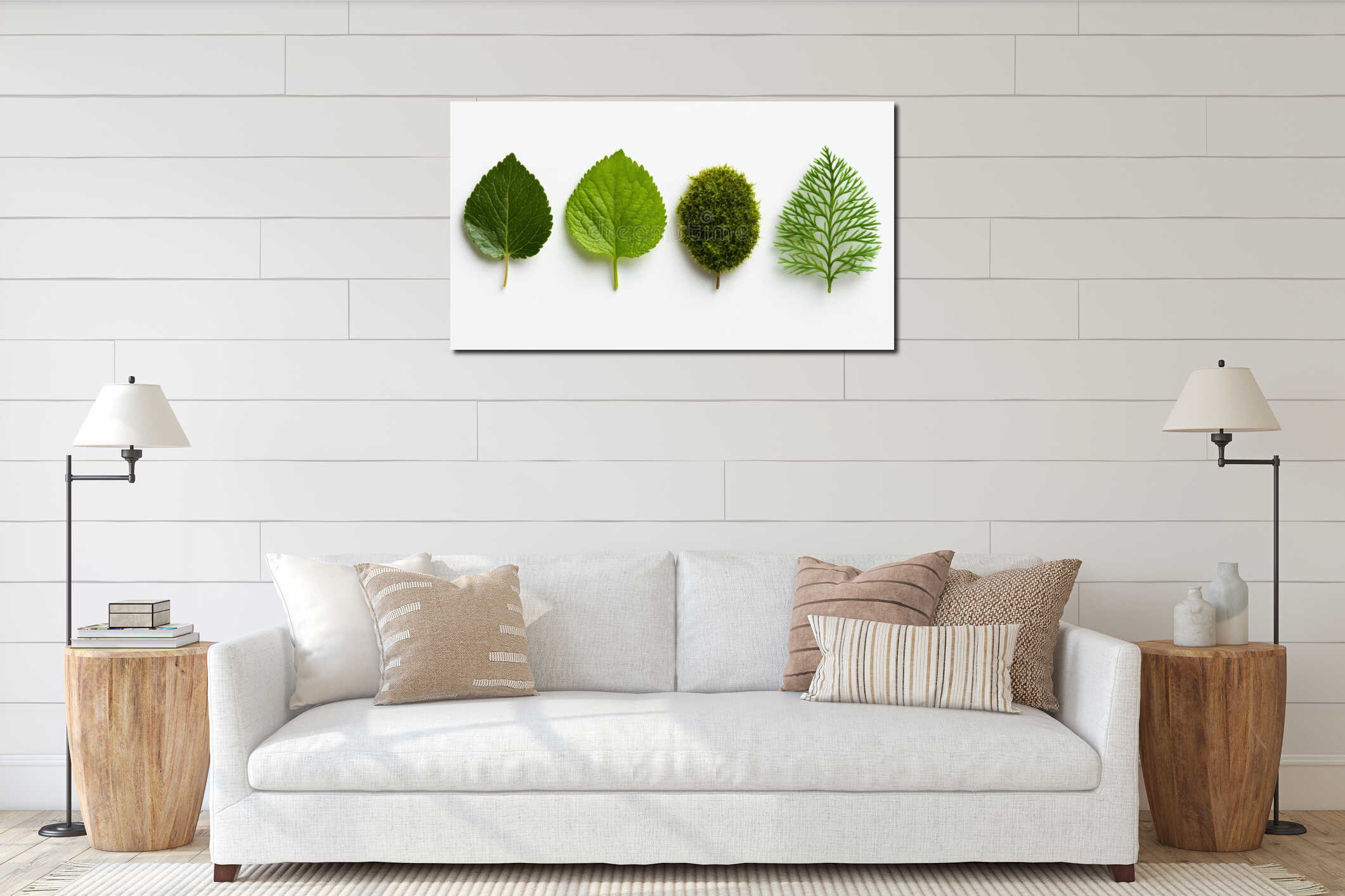 Close-up of four different green leaves isolated on white background. Eco-friendly content. interior mockup
