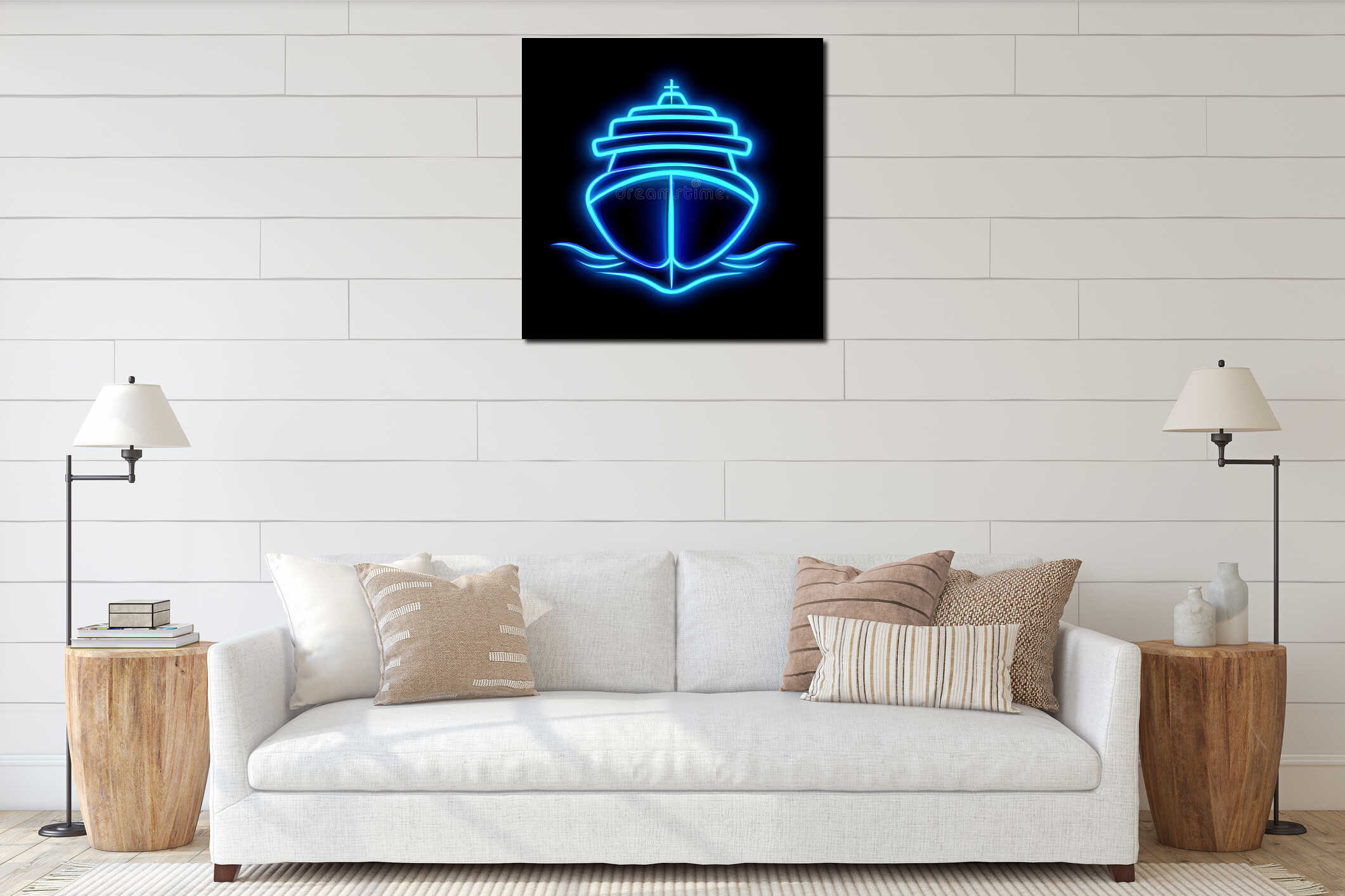 A blue neon sign showing a cargo ship sailing against a black backdrop interior mockup