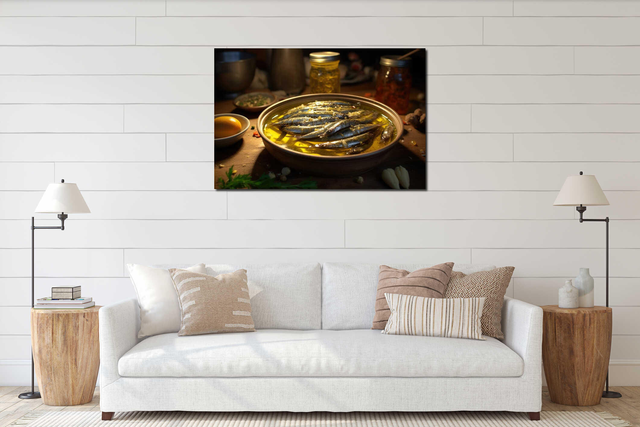 A simple yet appetizing image of a bowl filled with sardines placed on a table. Ideal for food blogs, seafood recipes interior mockup