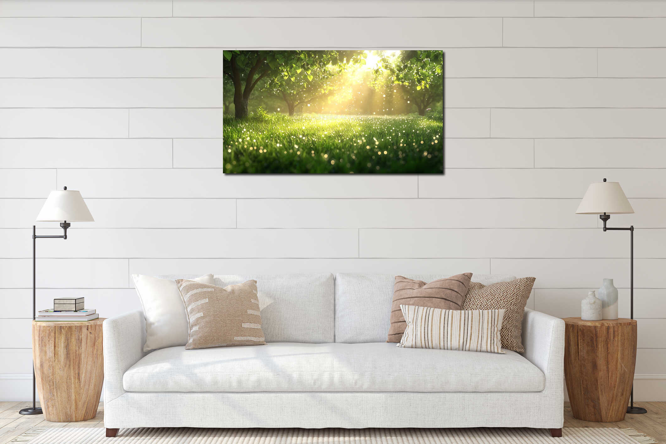 Dewy grass glowing in morning light, with sunbeams streaming through a quiet orchard. interior mockup