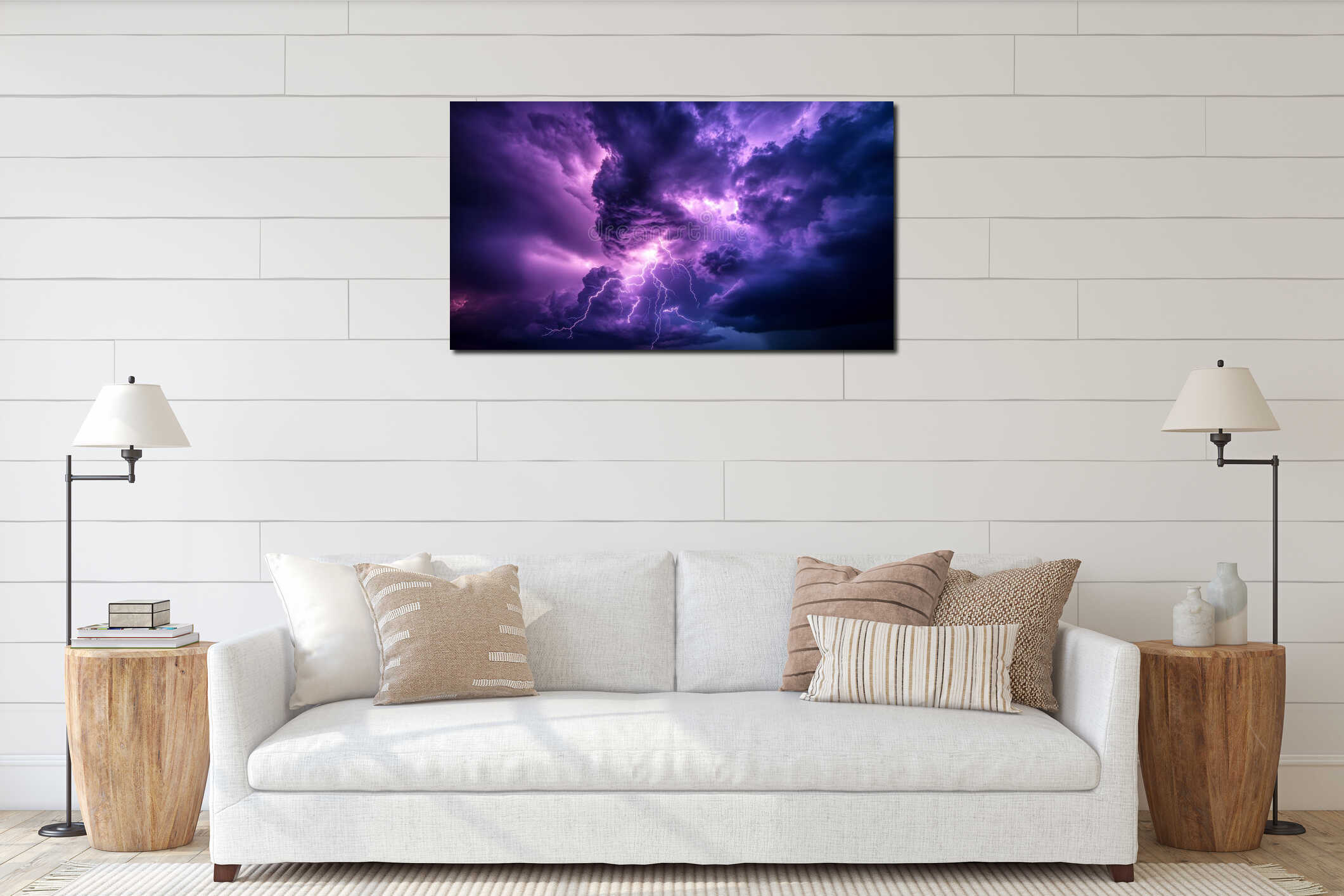 Vibrant purple lightning storm in dramatic skies at night, nature's power concept interior mockup