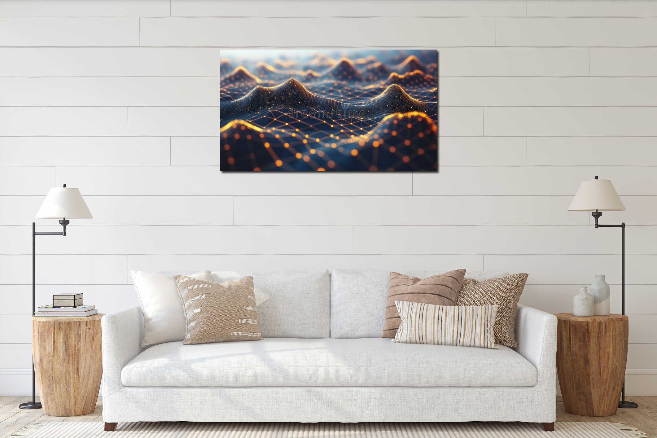 Spotlight effects and an abstract background enhance the Golden Stardust Trail as it crosses a dark stage, creating an interior mockup