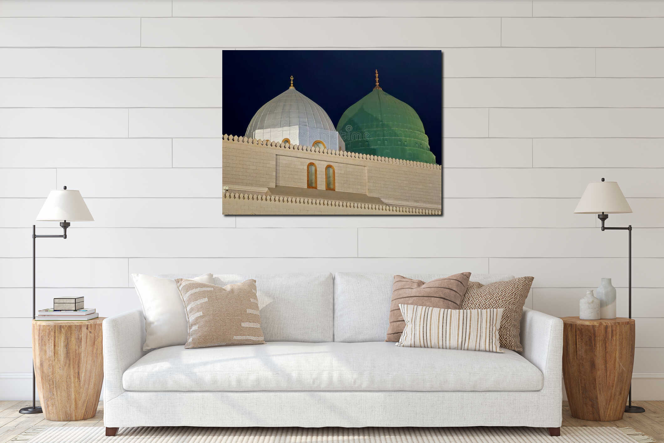 The Green and silver domes of The Prophet's Mosque or Al Masjid Al Nabawi, a major site of pilgrimage interior mockup