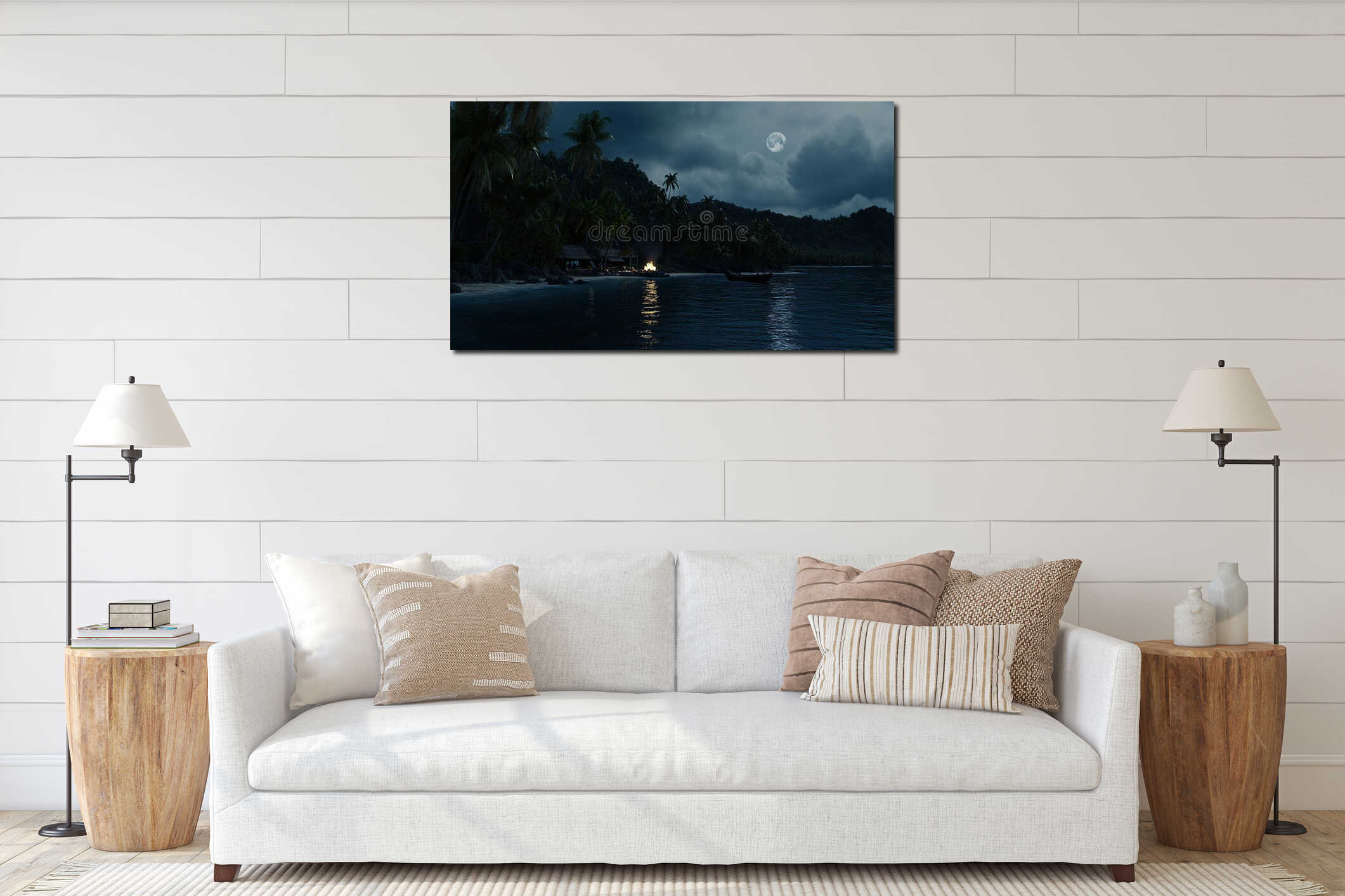 Tropical beach night bonfire moonlit ocean interior mockup