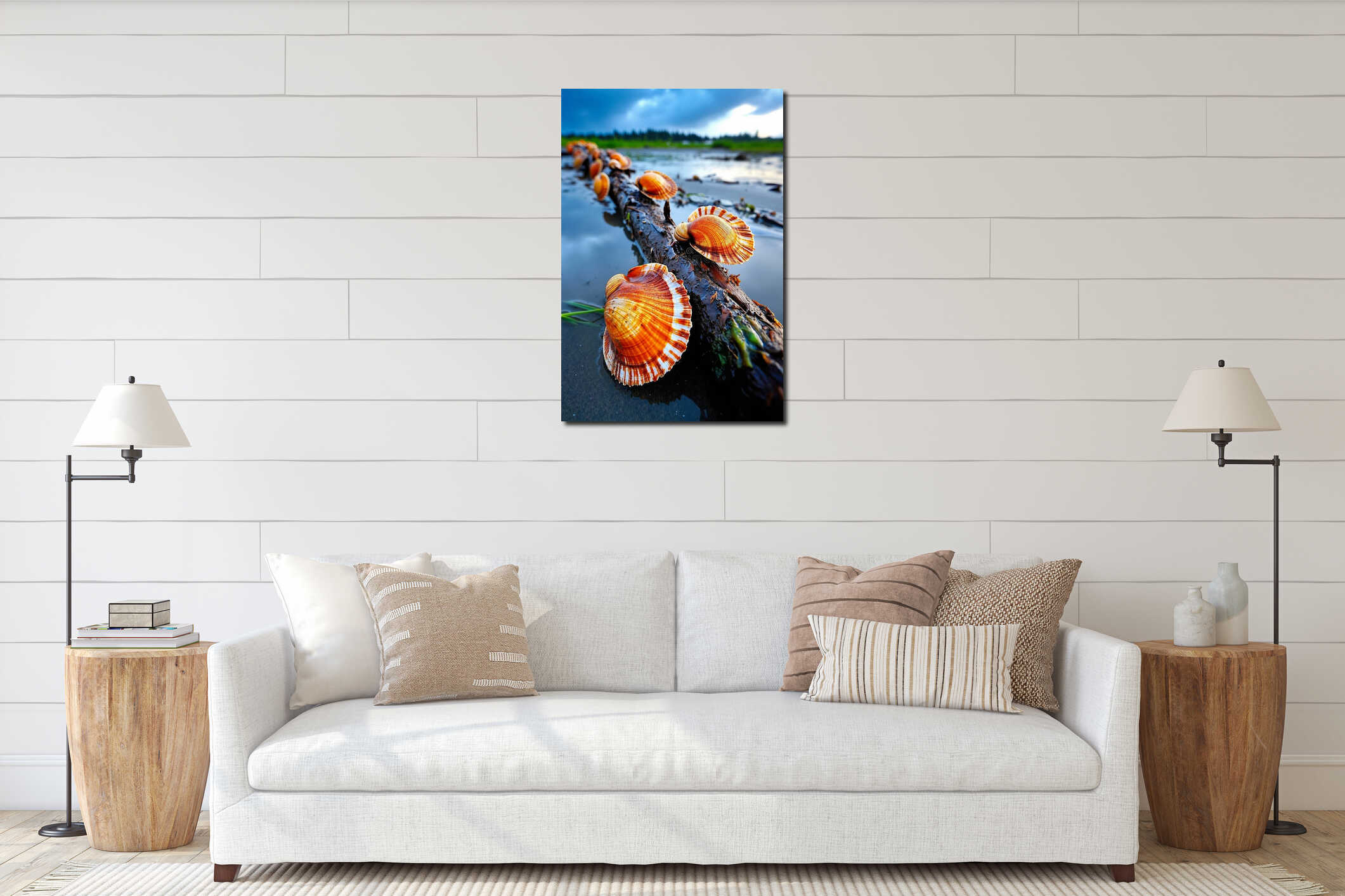 A group of scallops sitting on top of a log on a beach interior mockup