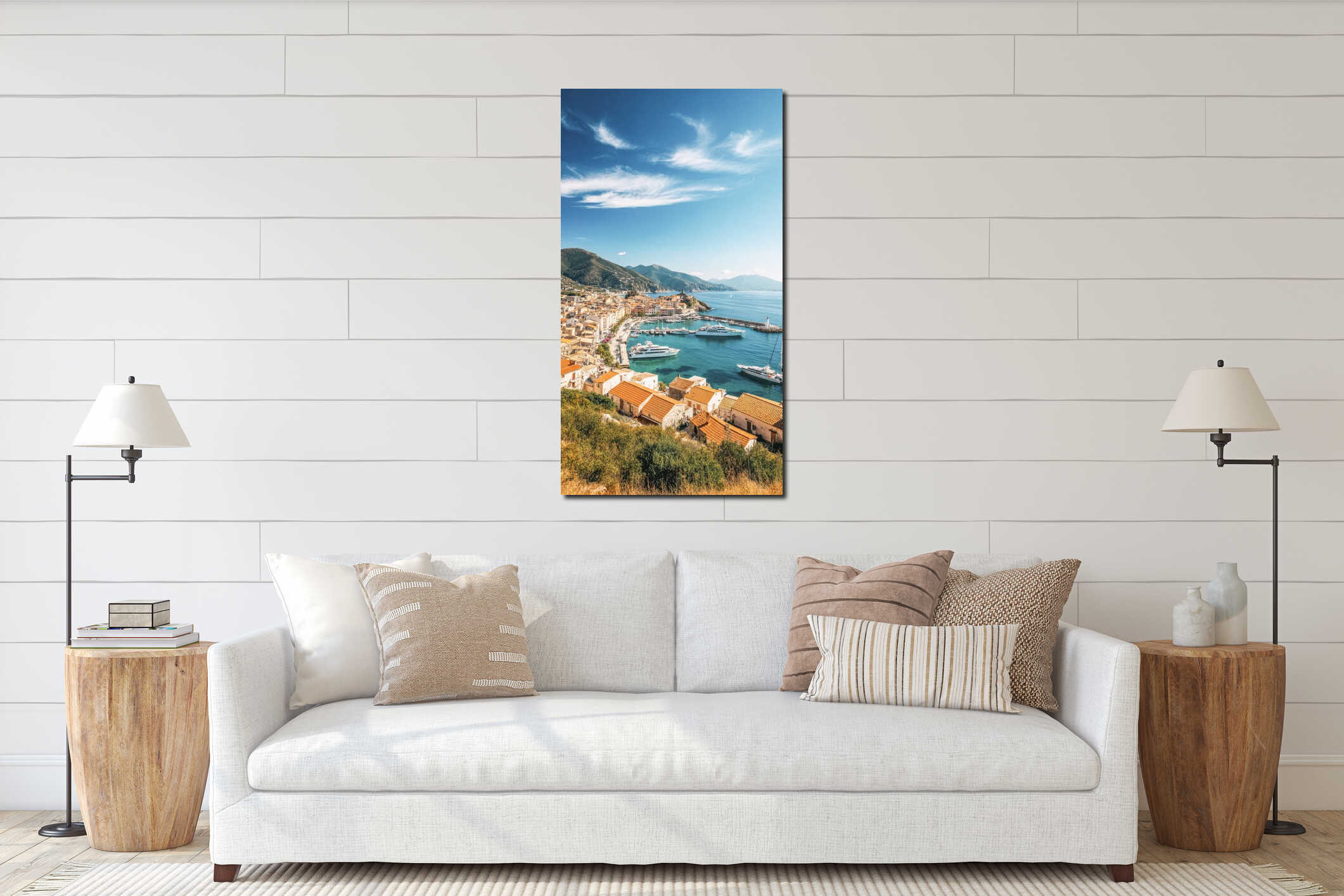 Mediterranean coastal townscape: scenic vista of a picturesque harbor and mountains interior mockup