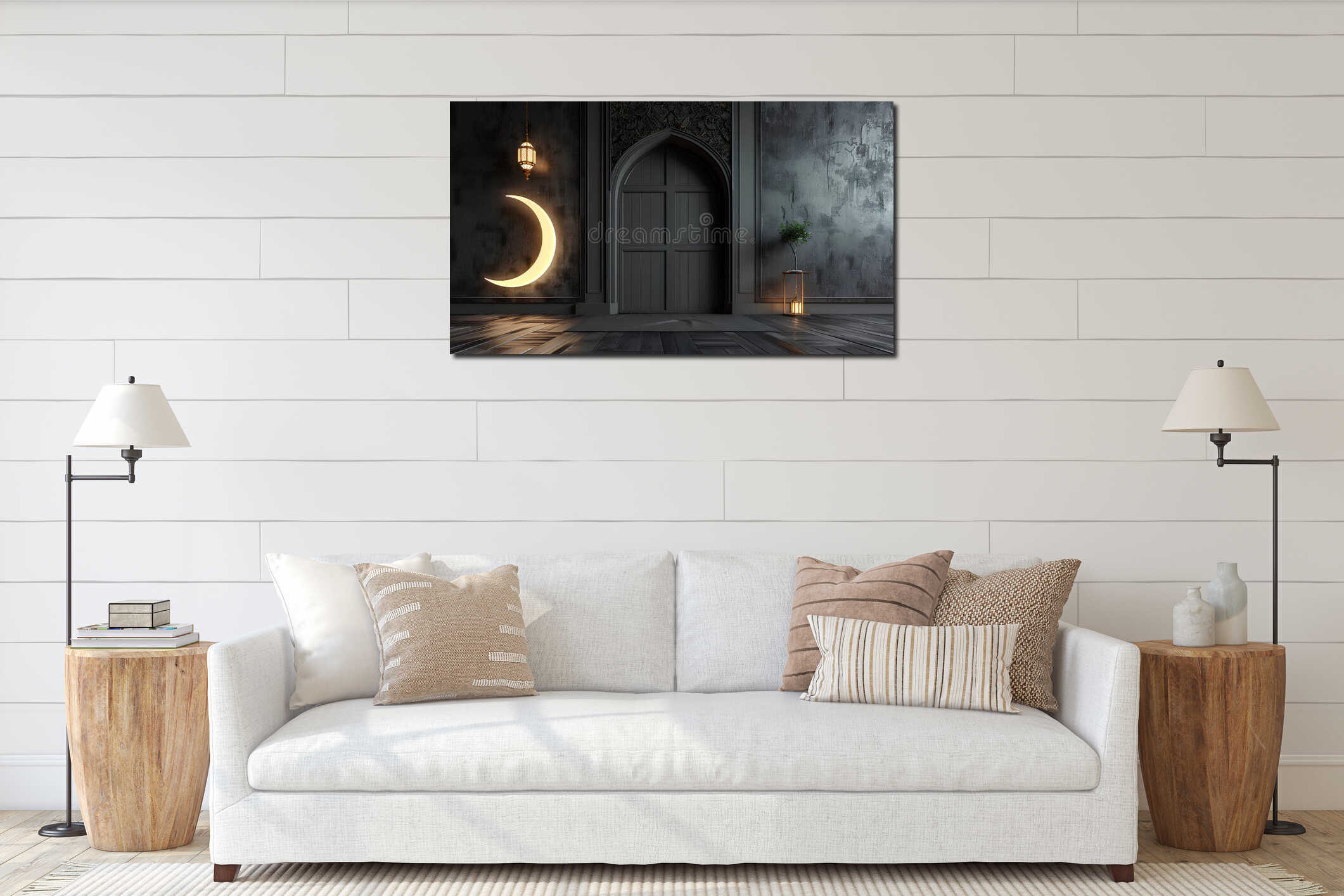 modern Eid holiday elegant design. Ramadan or Eid moon, parquet floor and mosque portal interior mockup