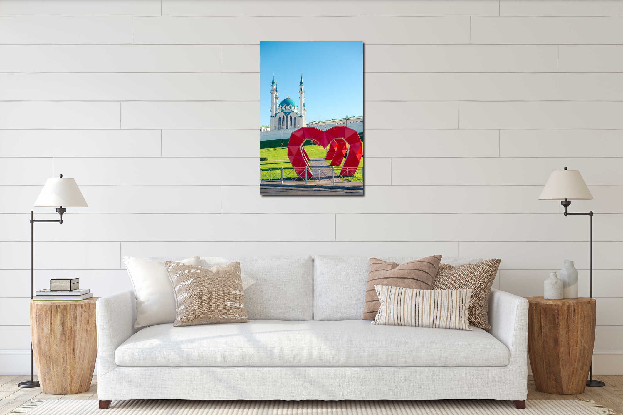 Decorative heart-shaped arches in the park against the backdrop of the Kazan Kremlin and the Kul Sharif Mosque. Kazan interior mockup