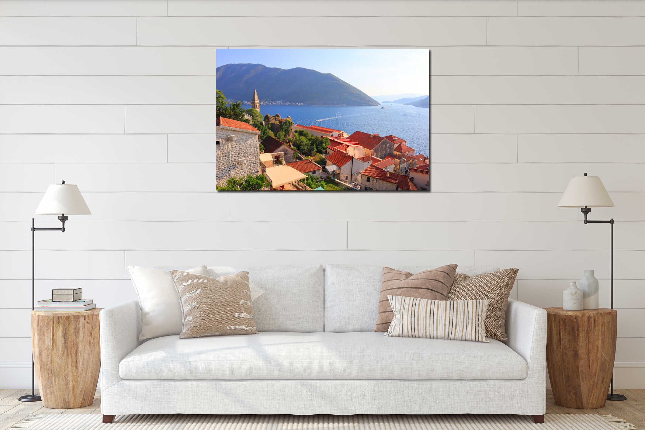 Panorama of Perast in Kotor Bay in sunny day in Montenegro interior mockup