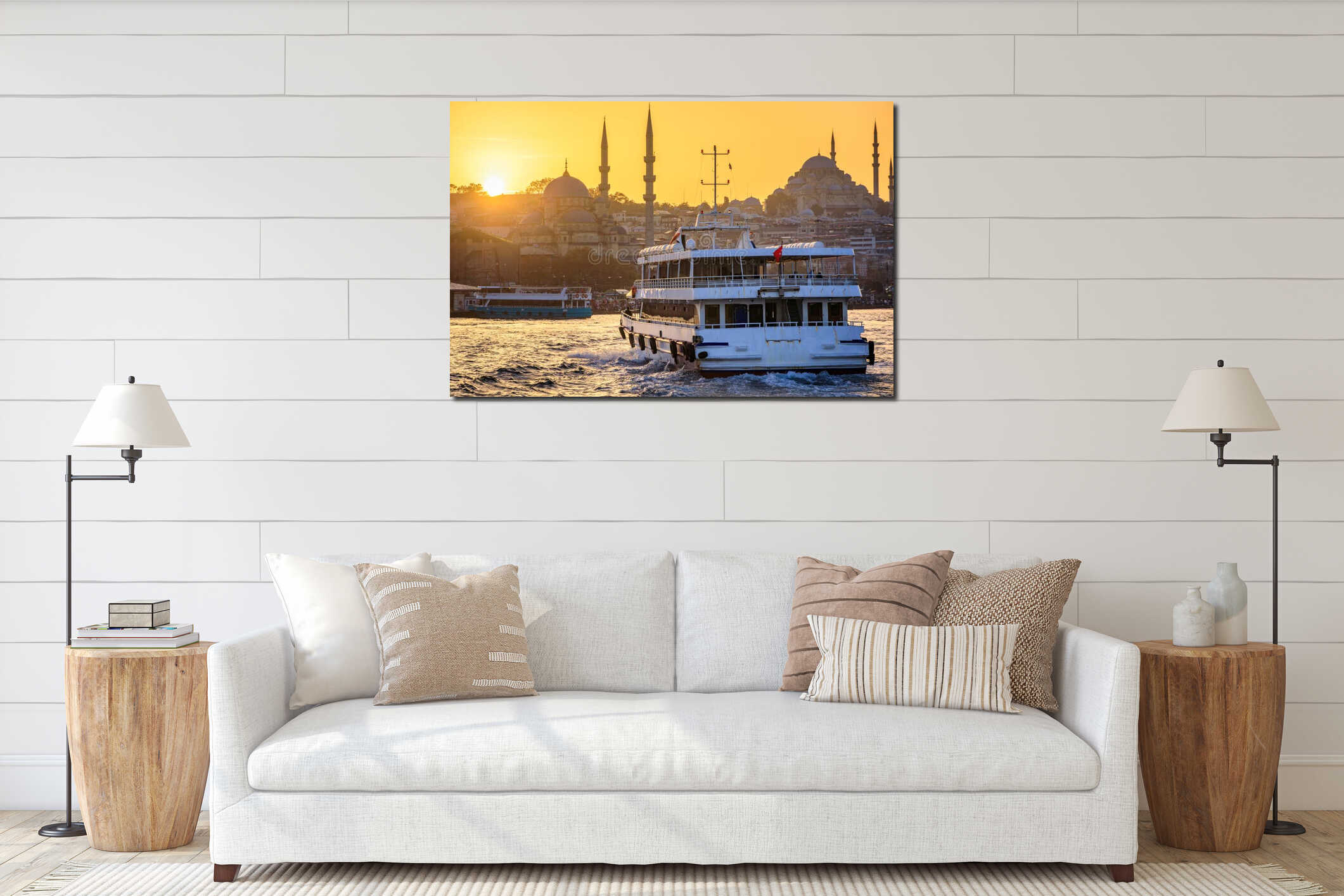 Sunset over Bosphorus with Yeni Cami and Suleymaniye Mosques, Istanbul, Turkey interior mockup