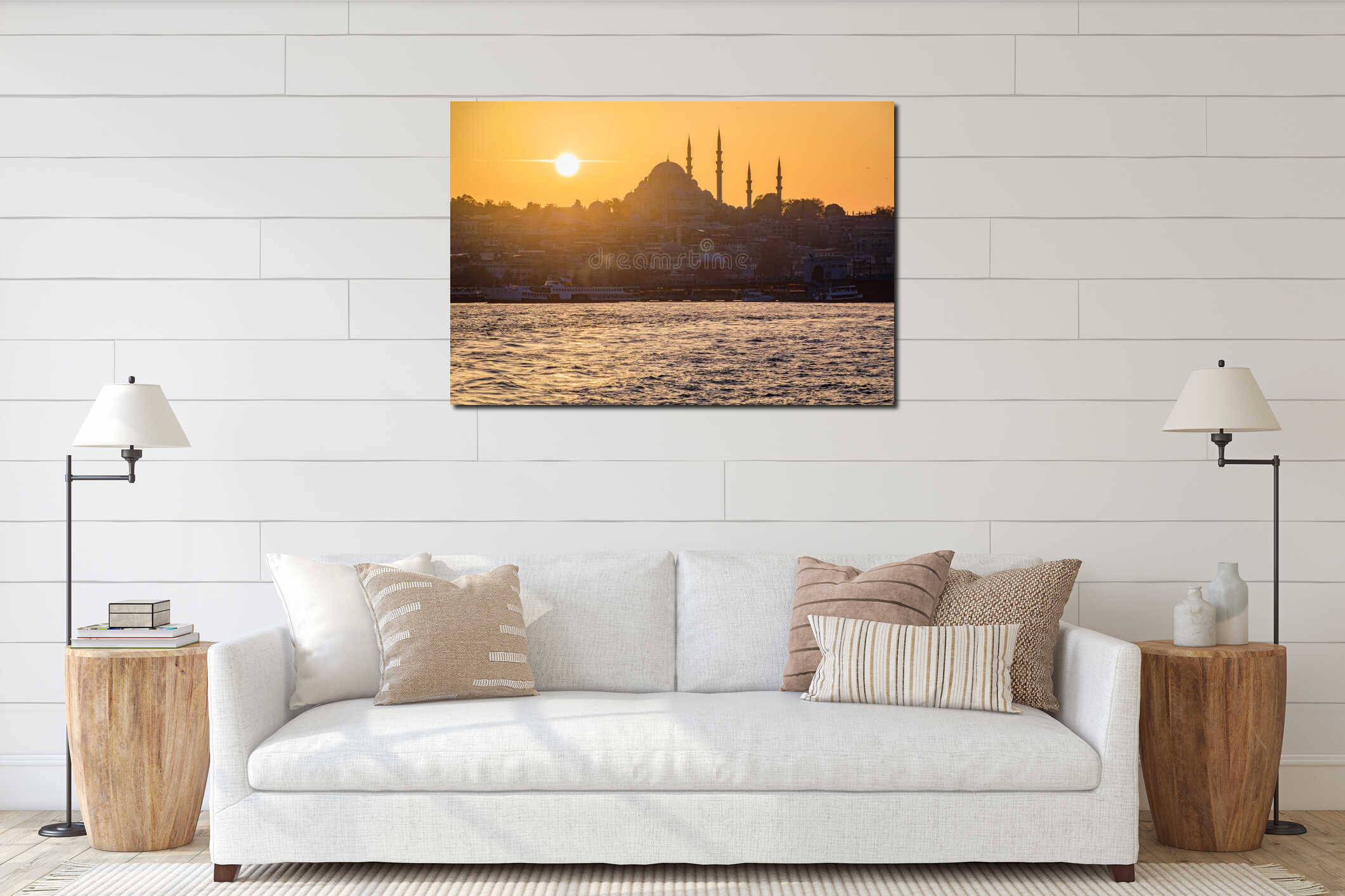 Sunset over Bosphorus with Yeni Cami and Suleymaniye Mosques, Istanbul, Turkey interior mockup