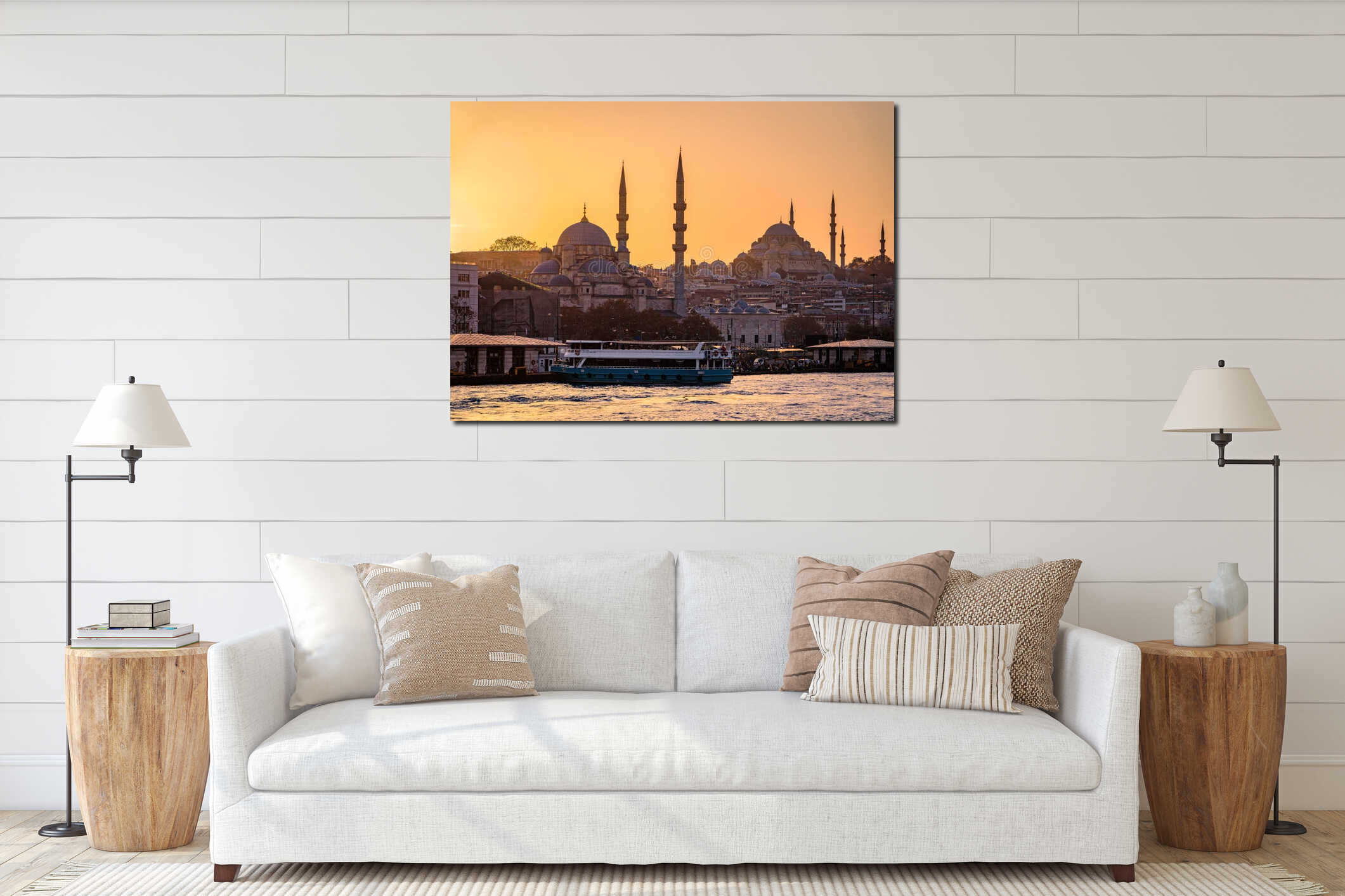 Sunset over Bosphorus with Yeni Cami and Suleymaniye Mosques, Istanbul, Turkey interior mockup