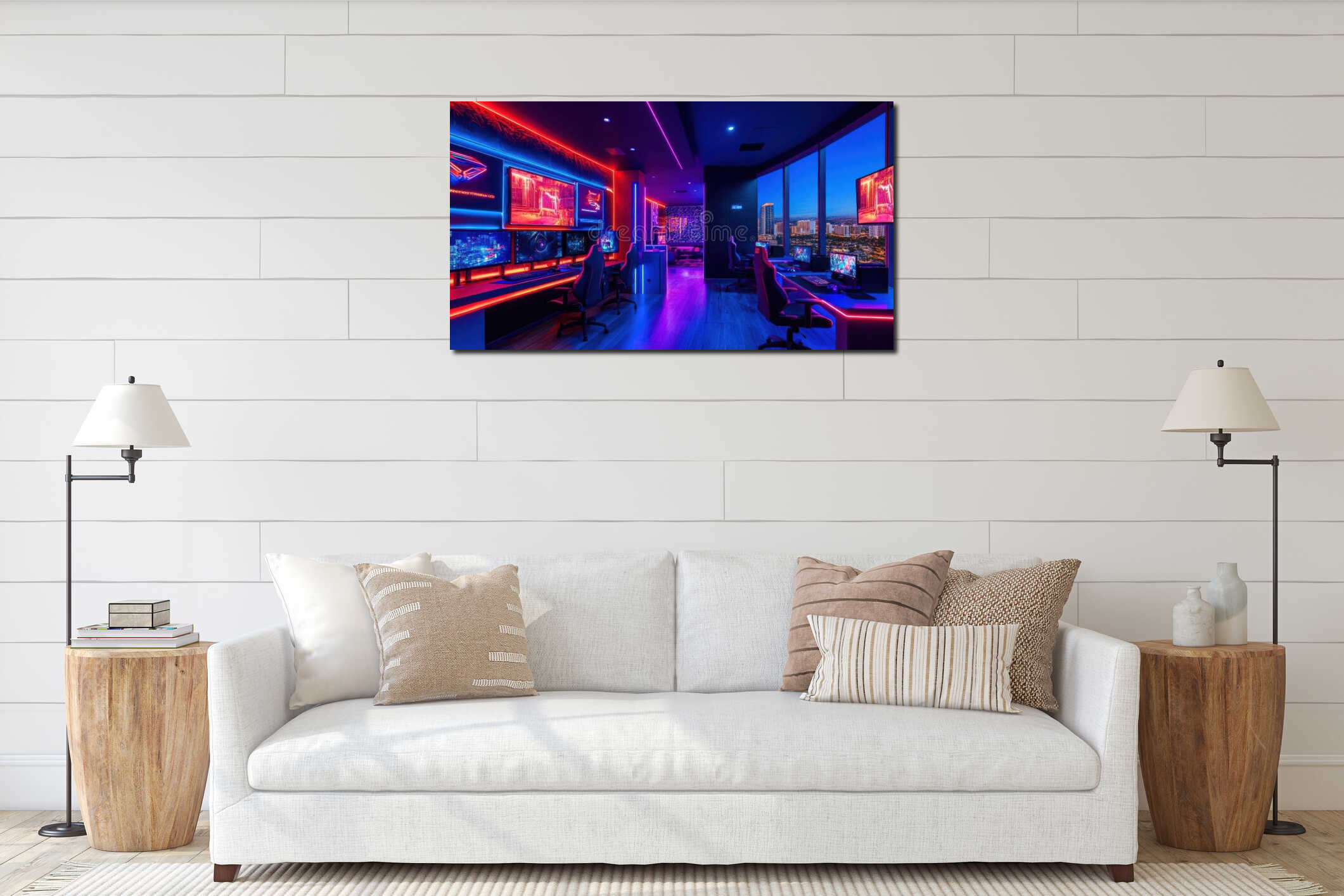 Neon Gaming Room with City View interior mockup