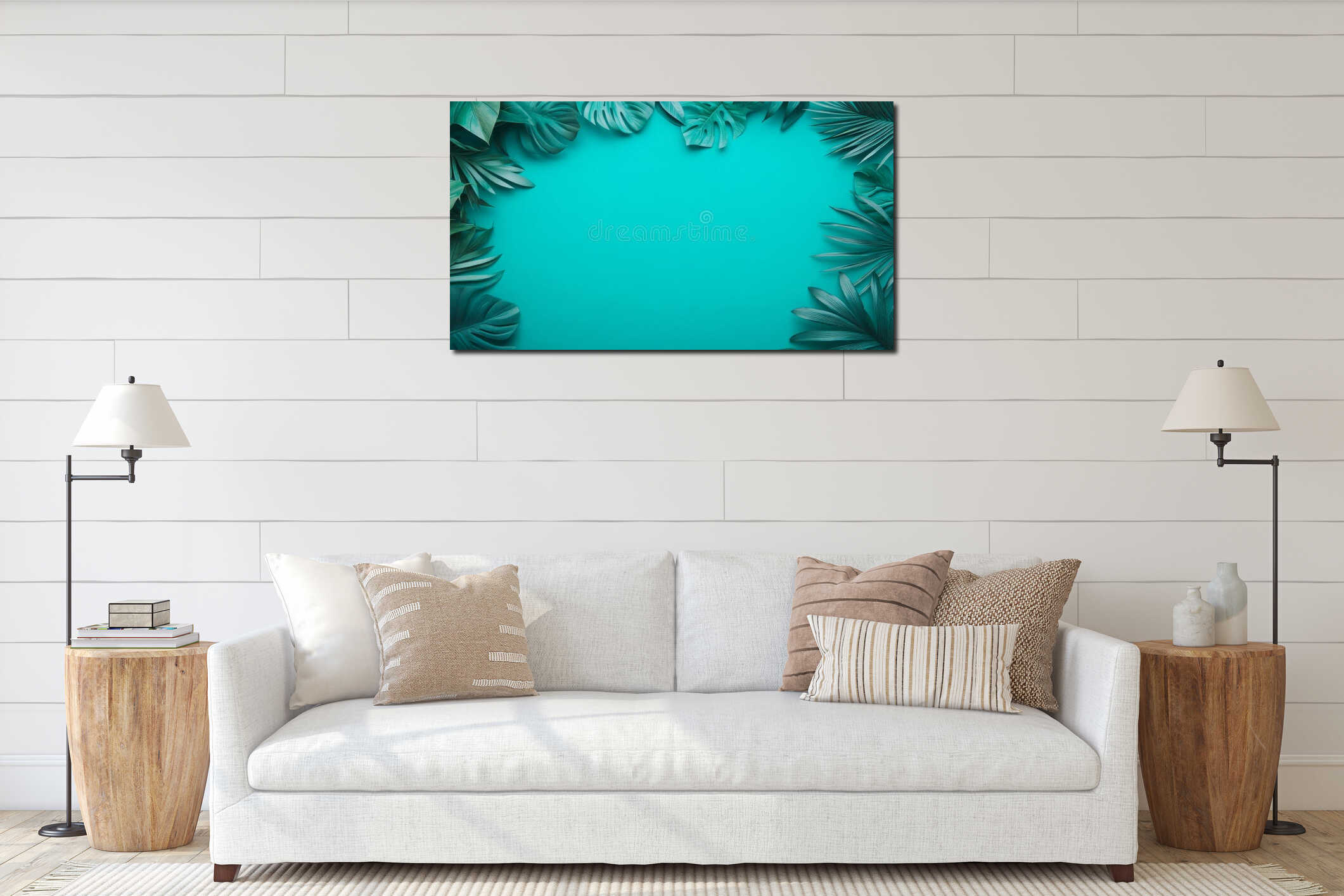 The scene features tropical palm leaves contrasting with the azure sky and ocean horizon interior mockup