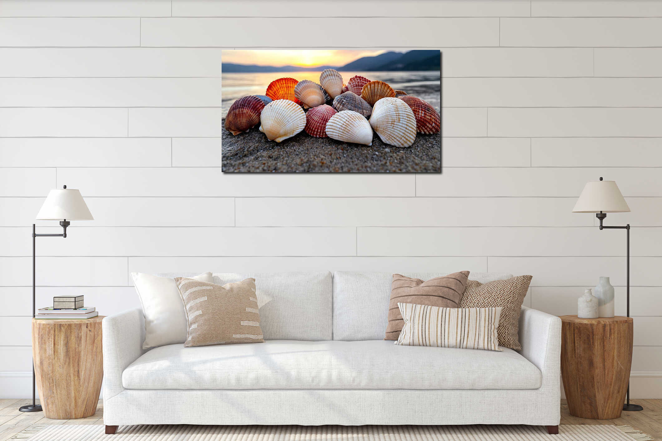 A group of seashells sitting on top of a sandy beach interior mockup