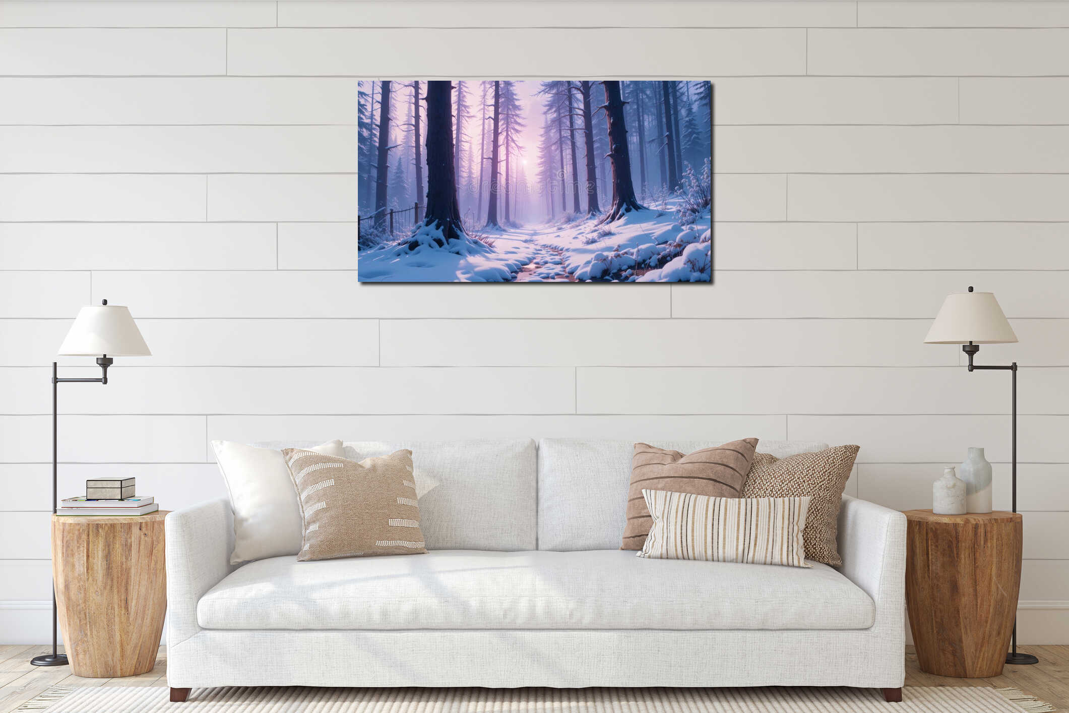 Serene AI Generative Winter Forest Path: Magical Snowy Landscape interior mockup