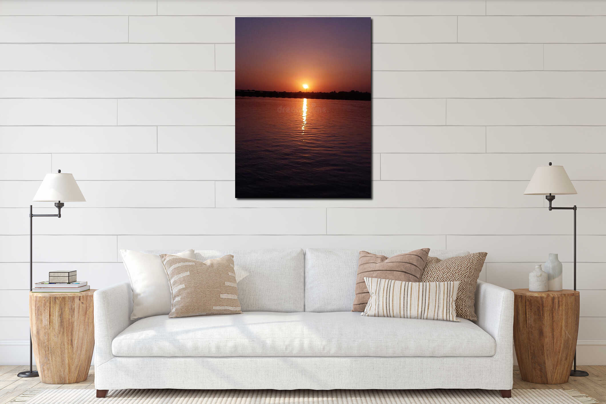 & x22;A golden sunset paints the sky and water in warm hues, creating a serene and mesmerizing view.& x22; interior mockup