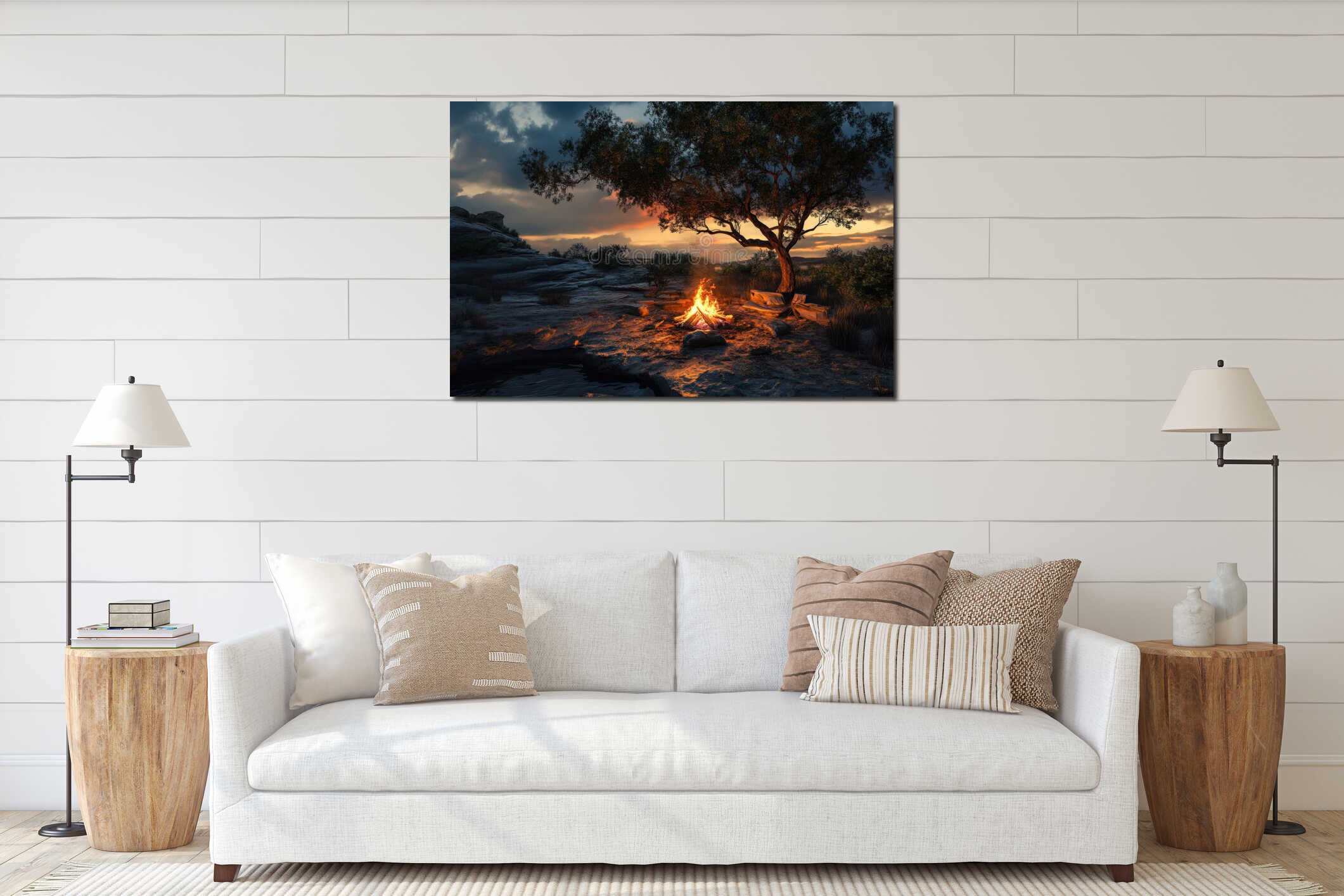 Campfire glowing under the twilight sky amidst rocky terrain and scattered trees interior mockup