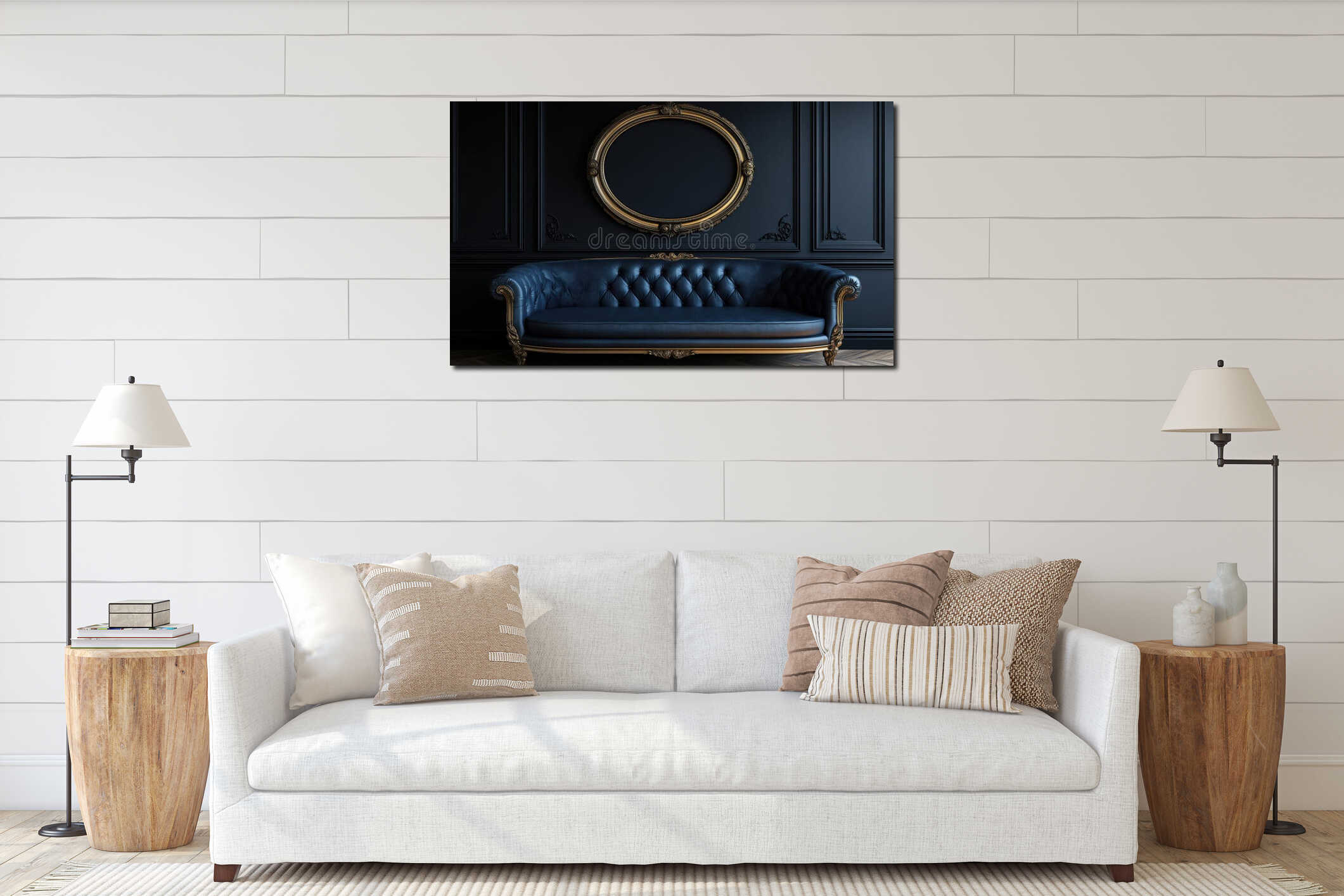 Elegant blue leather sofa with ornate gold frame mirror against dark wall interior mockup
