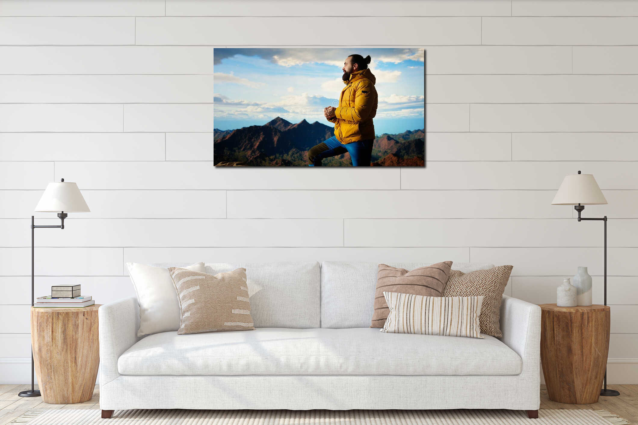 Adventure seeker in warm clothing enjoys the serenity of the wilderness interior mockup