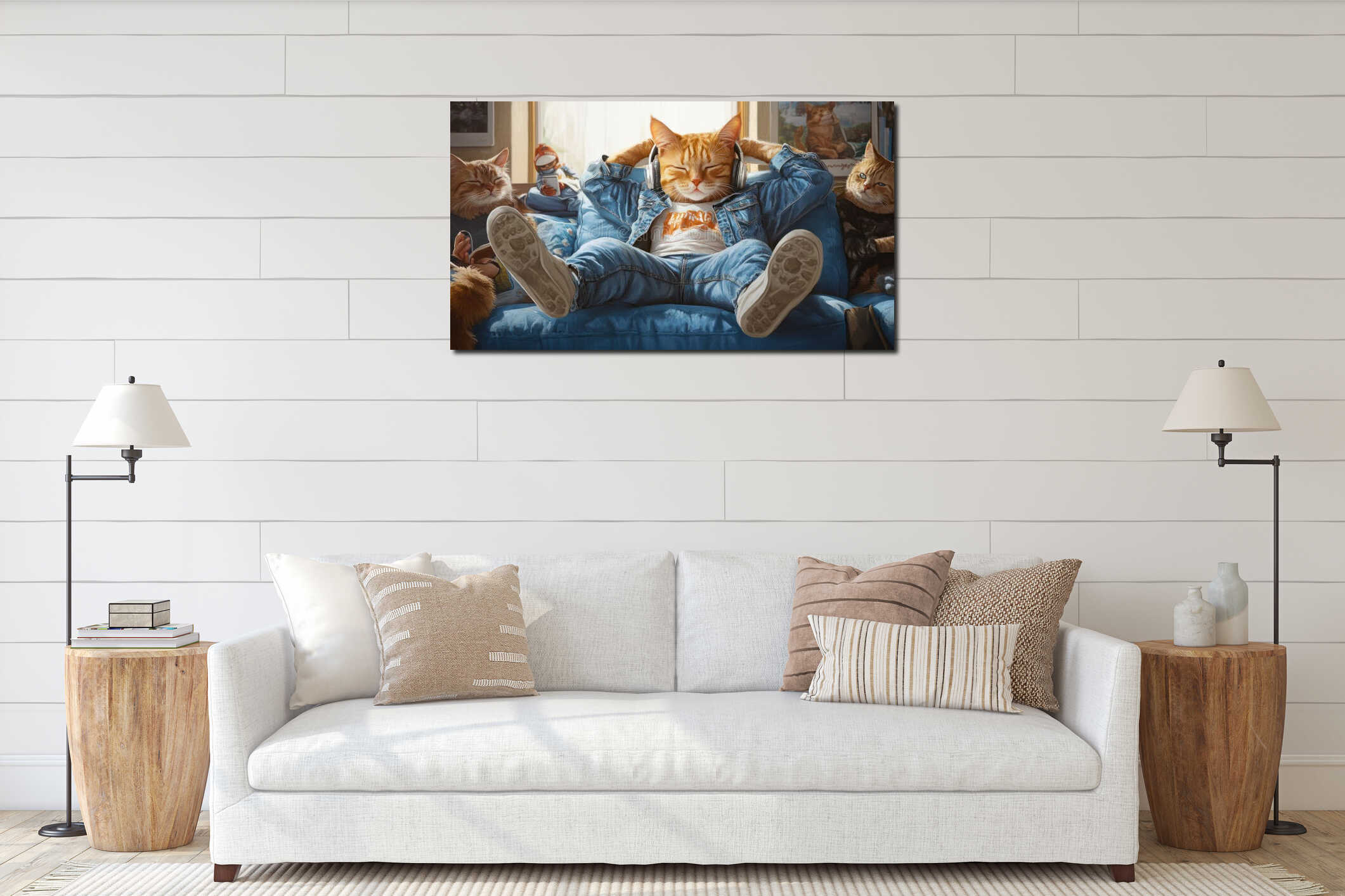 Ginger cat relaxing on sofa wearing headphones and denim clothes interior mockup
