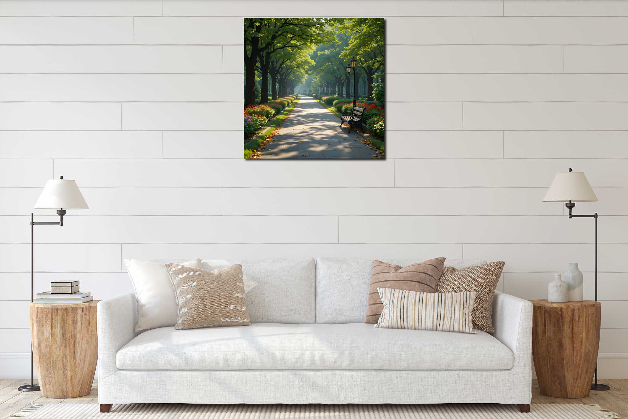 Serene Park Pathway with Vibrant Flowers & Tall Trees â Tranquil Nature Walk interior mockup