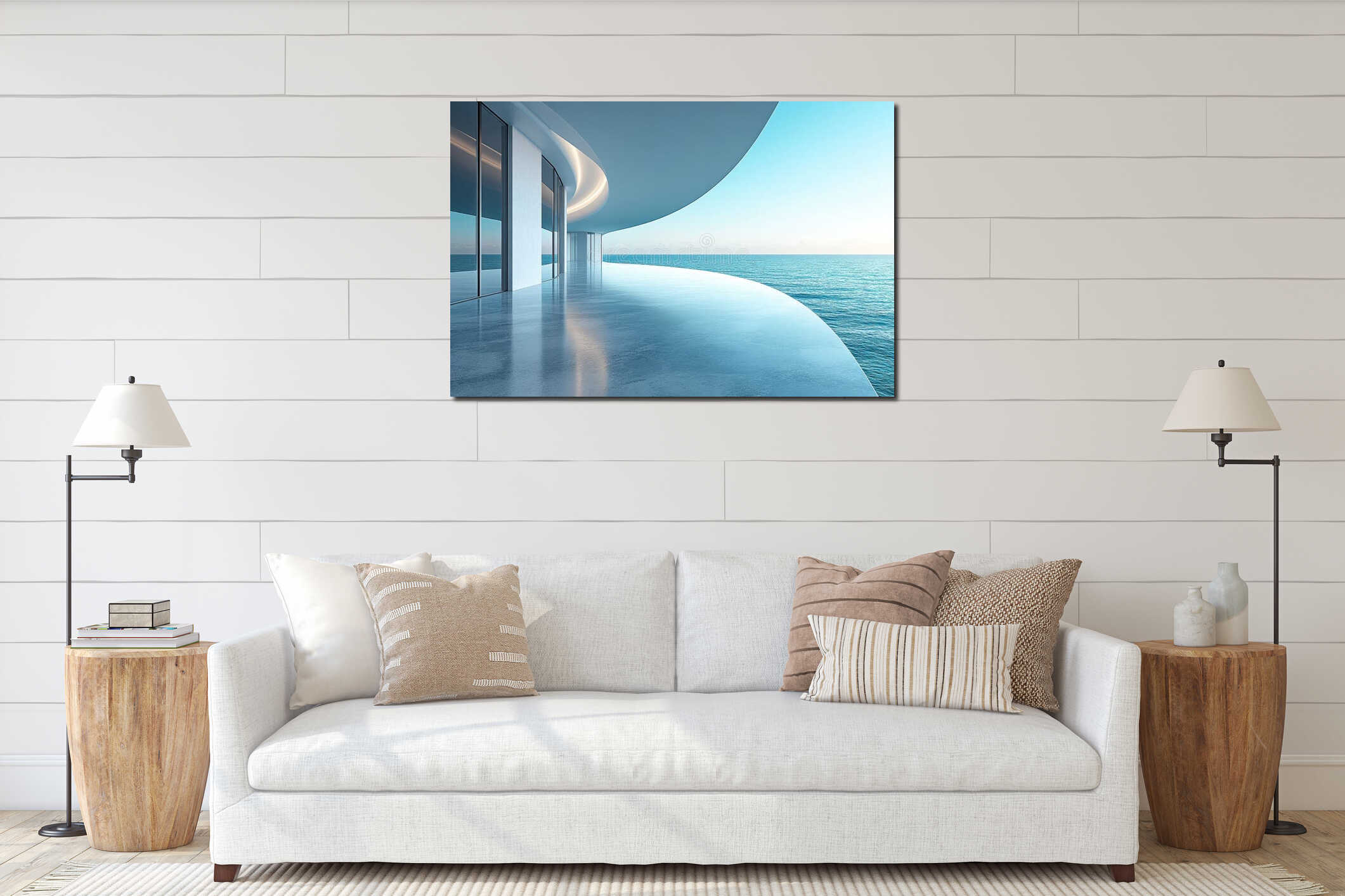 Modern architectural terrace overlooking calm ocean waves during a serene sunset interior mockup