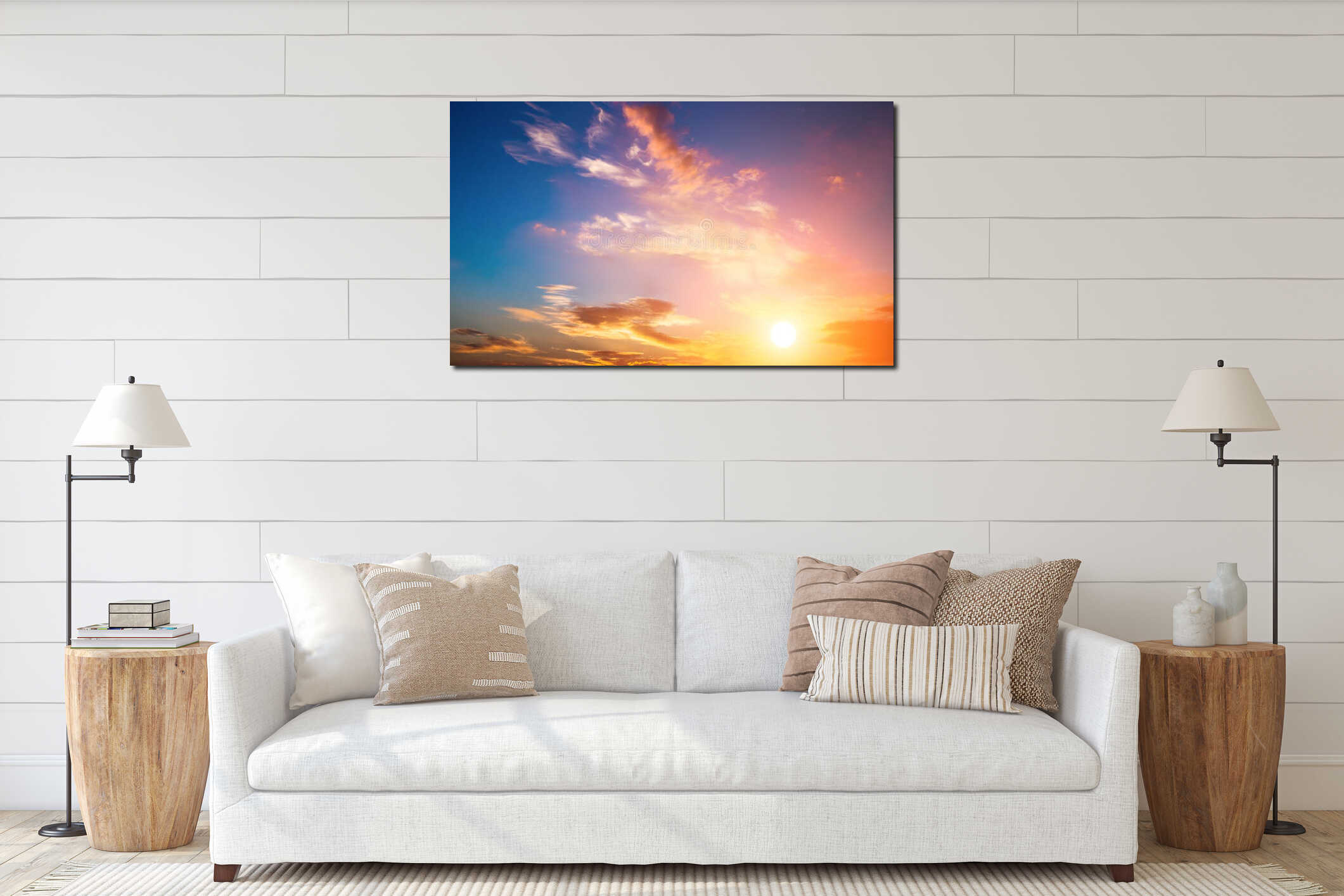 Sunset sky and sun. Dramatic sunset sky with orange colored clouds and sun. interior mockup